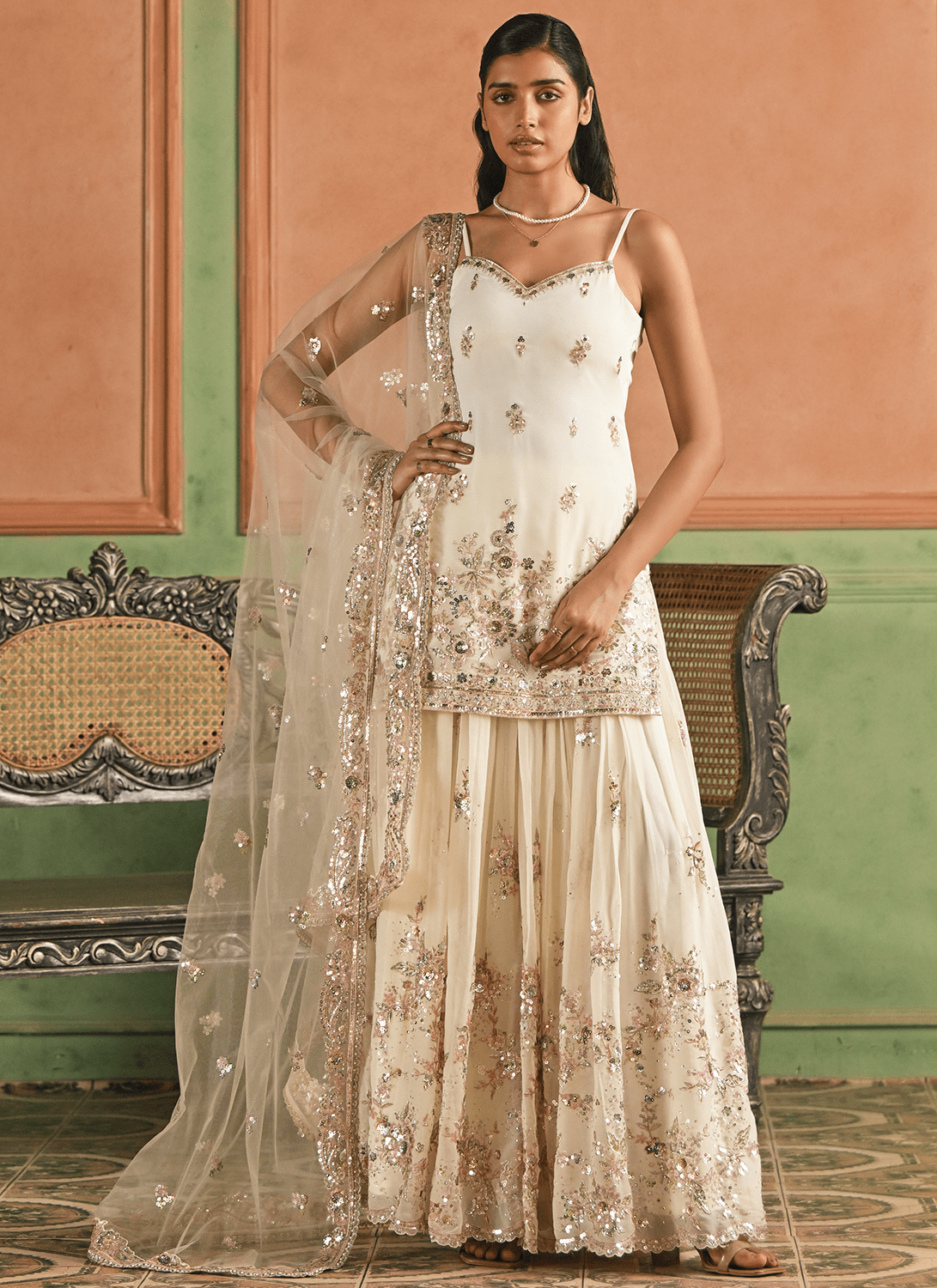 Off White Embroidered Georgette Sharara - Lashkaraa