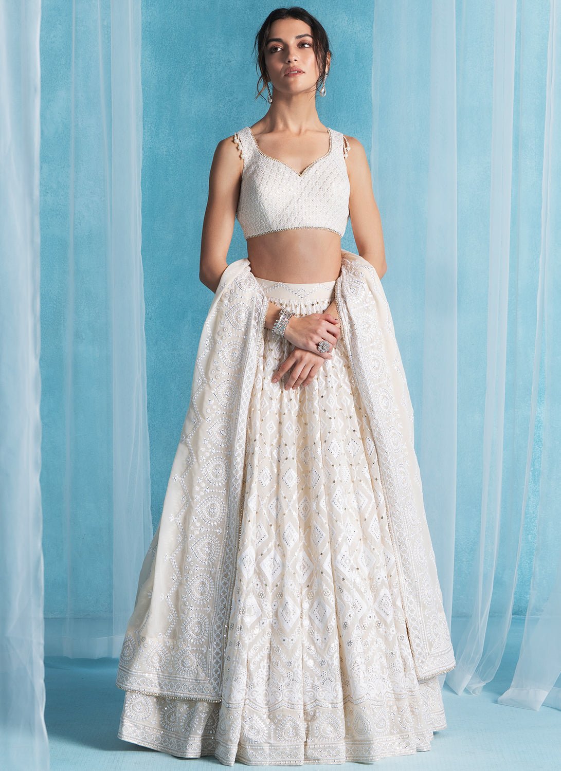 Off White Embroidered Lucknowi Lehenga - Lashkaraa