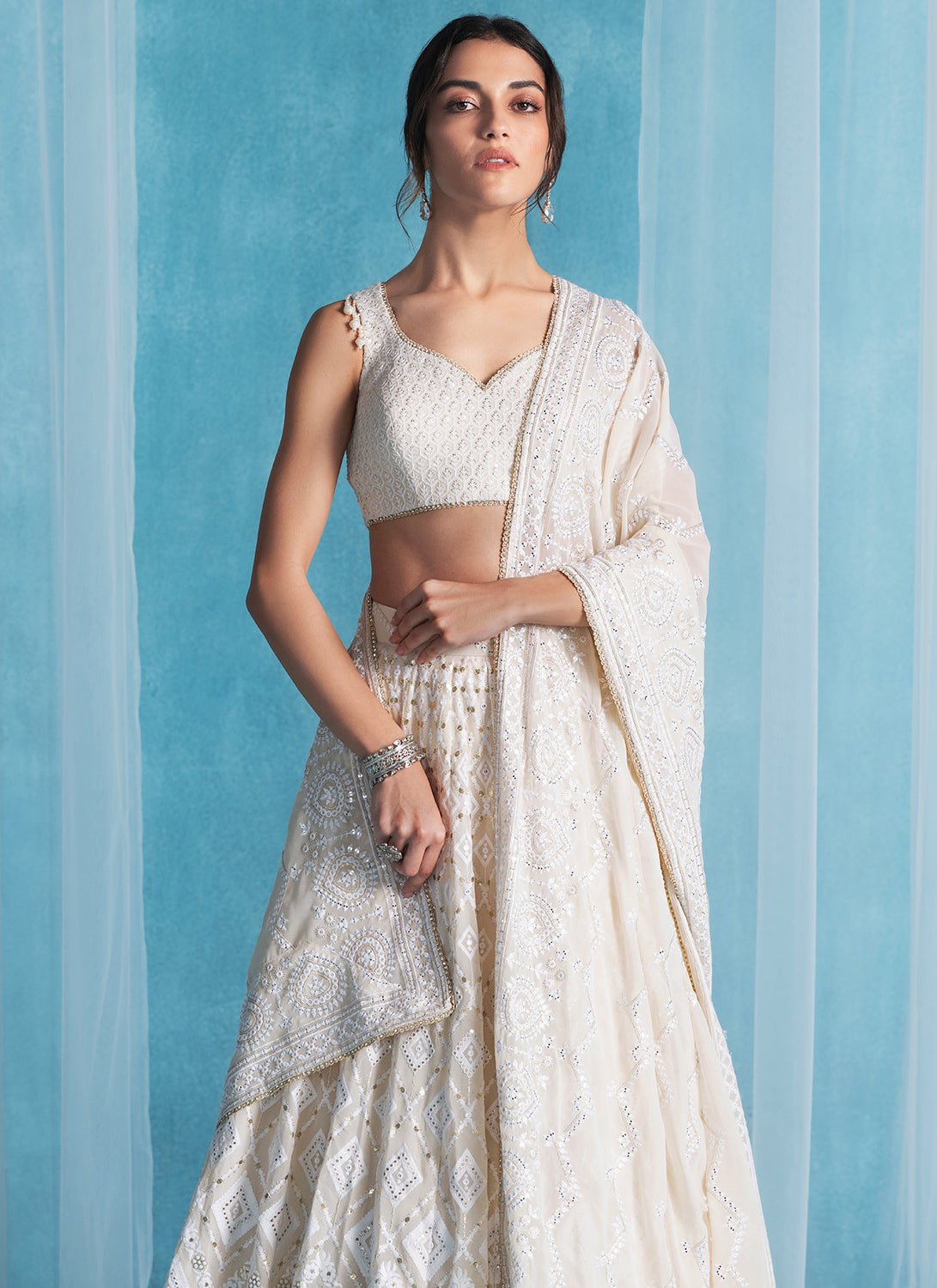 Off White Embroidered Lucknowi Lehenga - Lashkaraa
