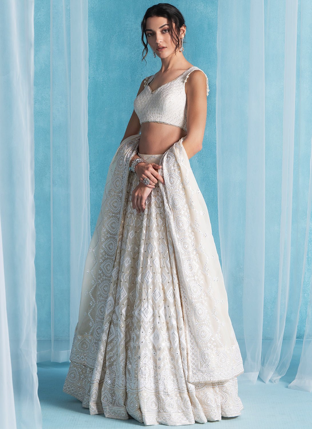 Off White Embroidered Lucknowi Lehenga - Lashkaraa