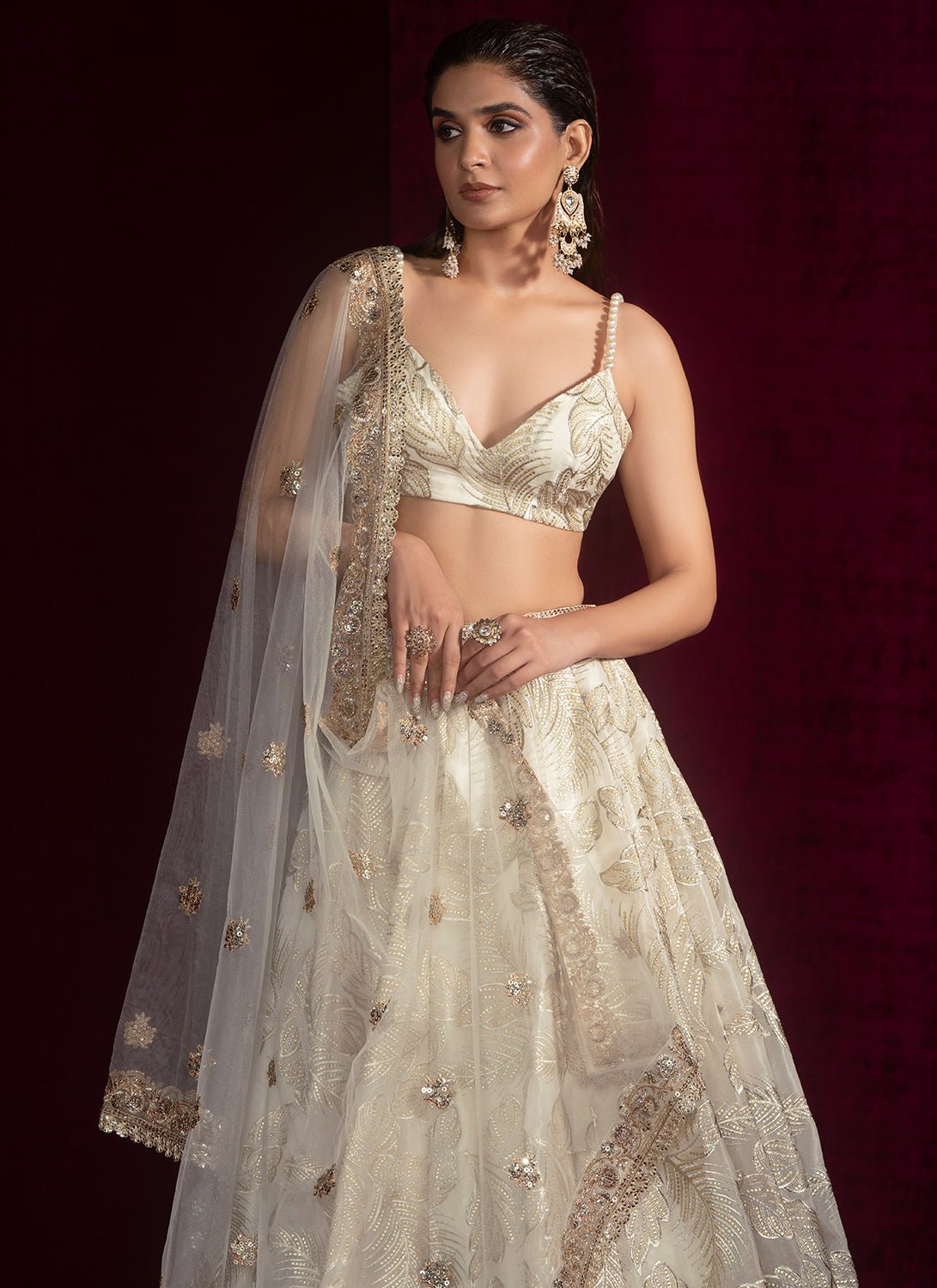 Off White Embroidered Organza Lehenga - Lashkaraa