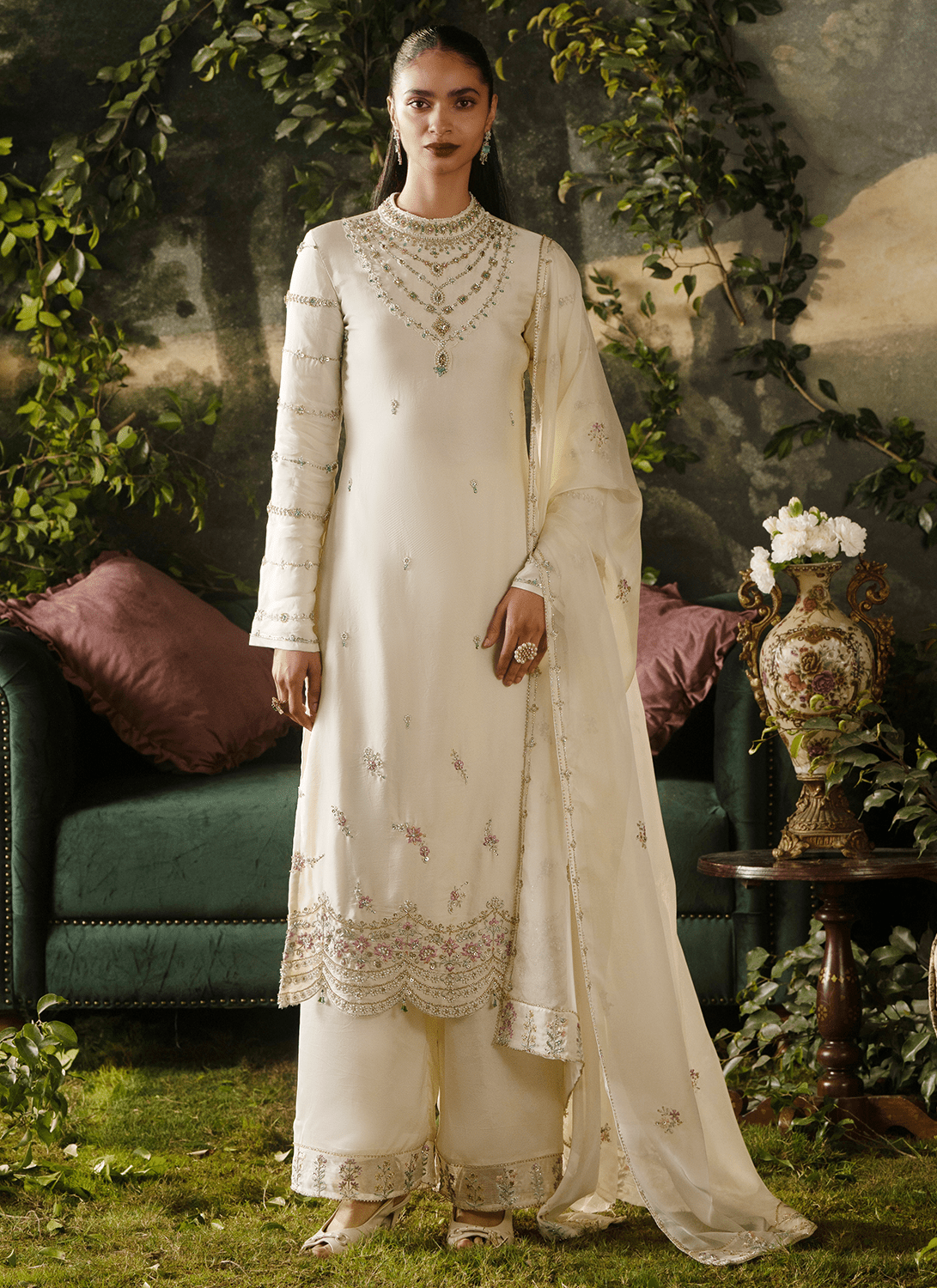 Off White Embroidered Viscose Satin Organza Straight Suit