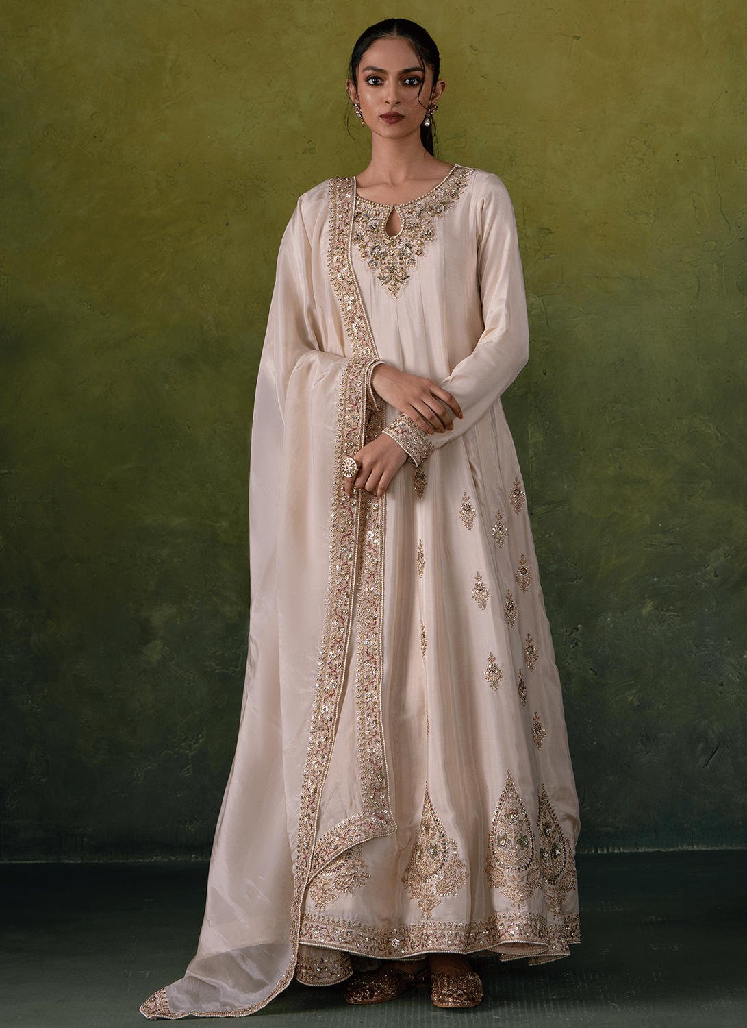 Off White Embroidered Viscose Silk Anarkali - Lashkaraa