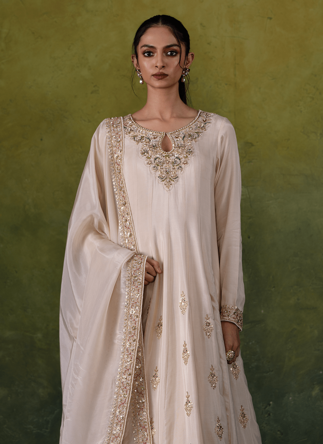 Off White Embroidered Viscose Silk Anarkali - Lashkaraa