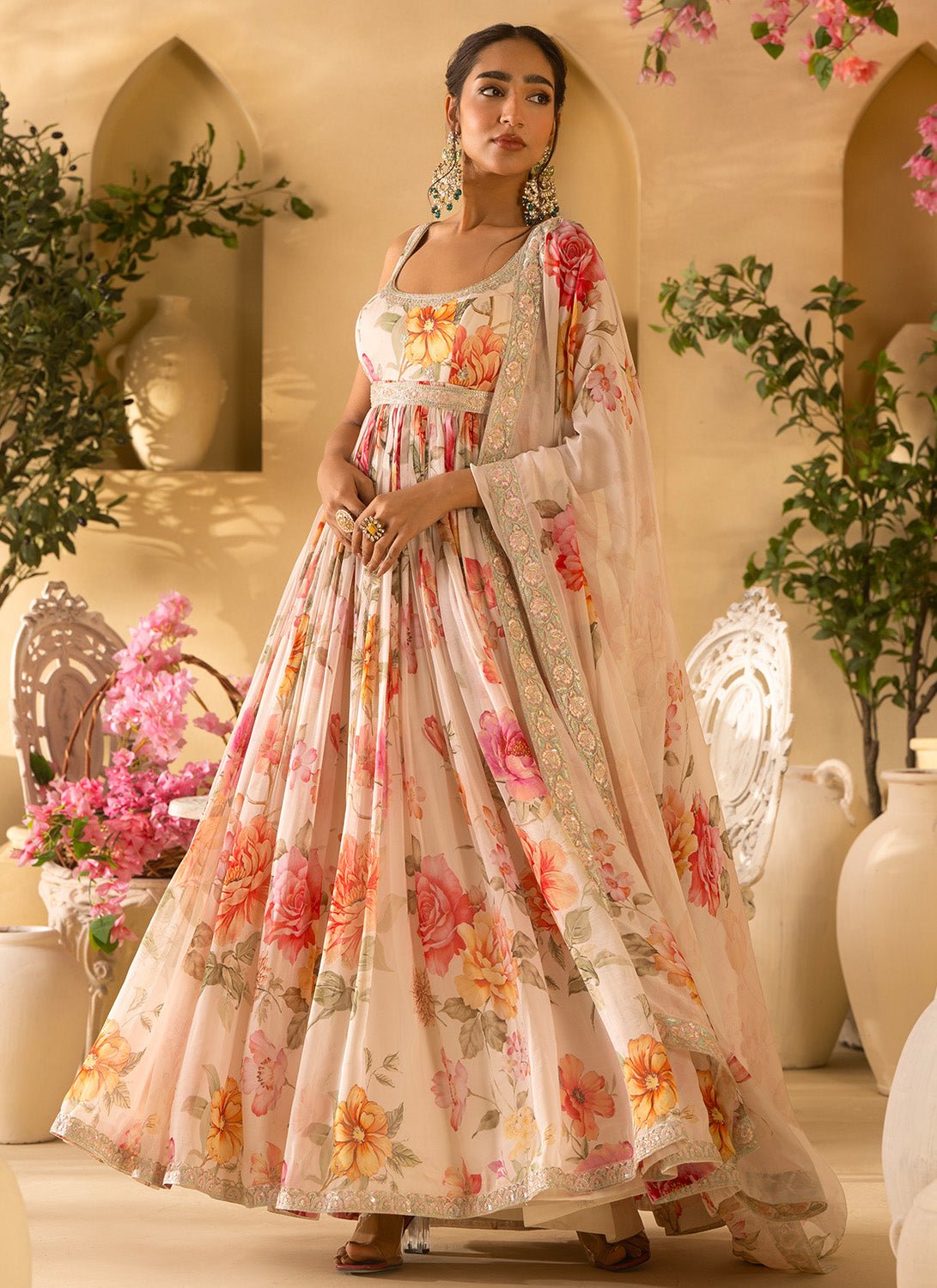 Off White Floral Embroidered Organza Anarkali - Lashkaraa