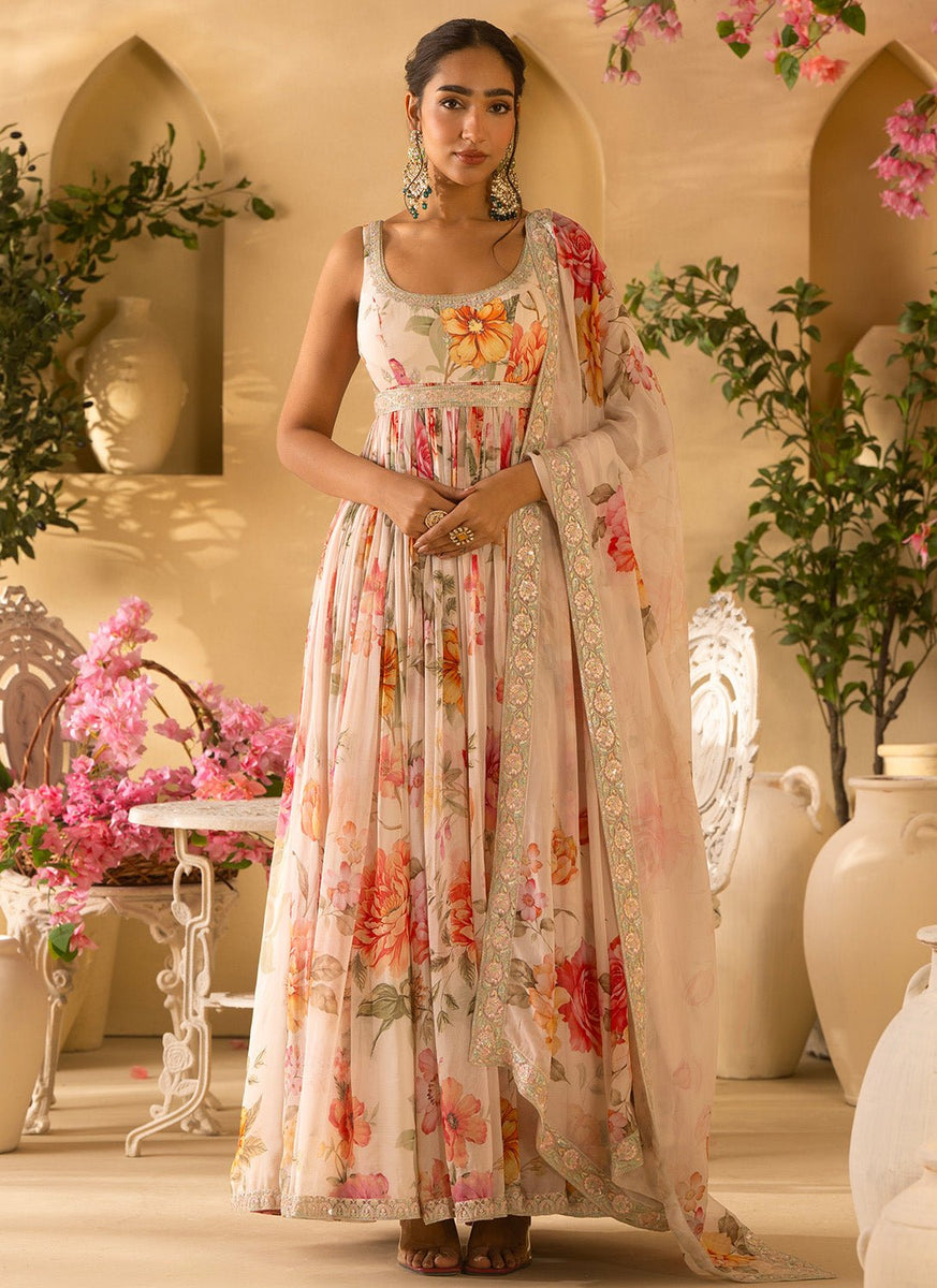 chiffon floral anarkali dress Shop Teal Green Chiffon Floral Anarkali Set Online