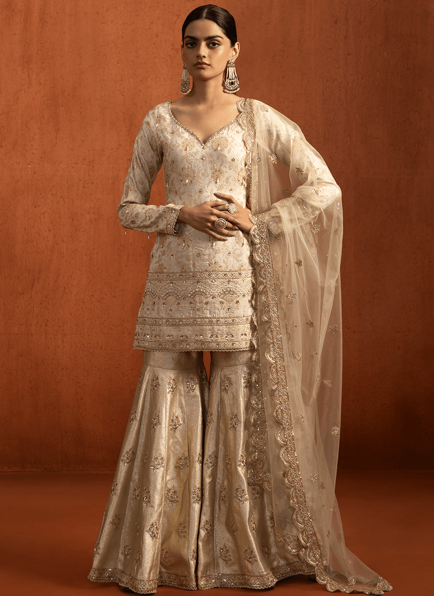 Off White & Golden Embroidered Brocade Gharara Suit