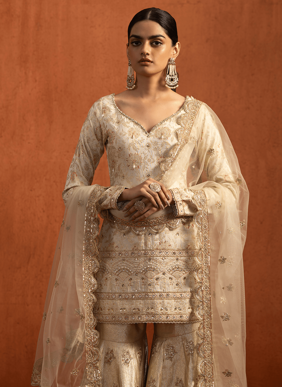 green emerald velvet dress Off White & Golden Embroidered Brocade Gharara Suit