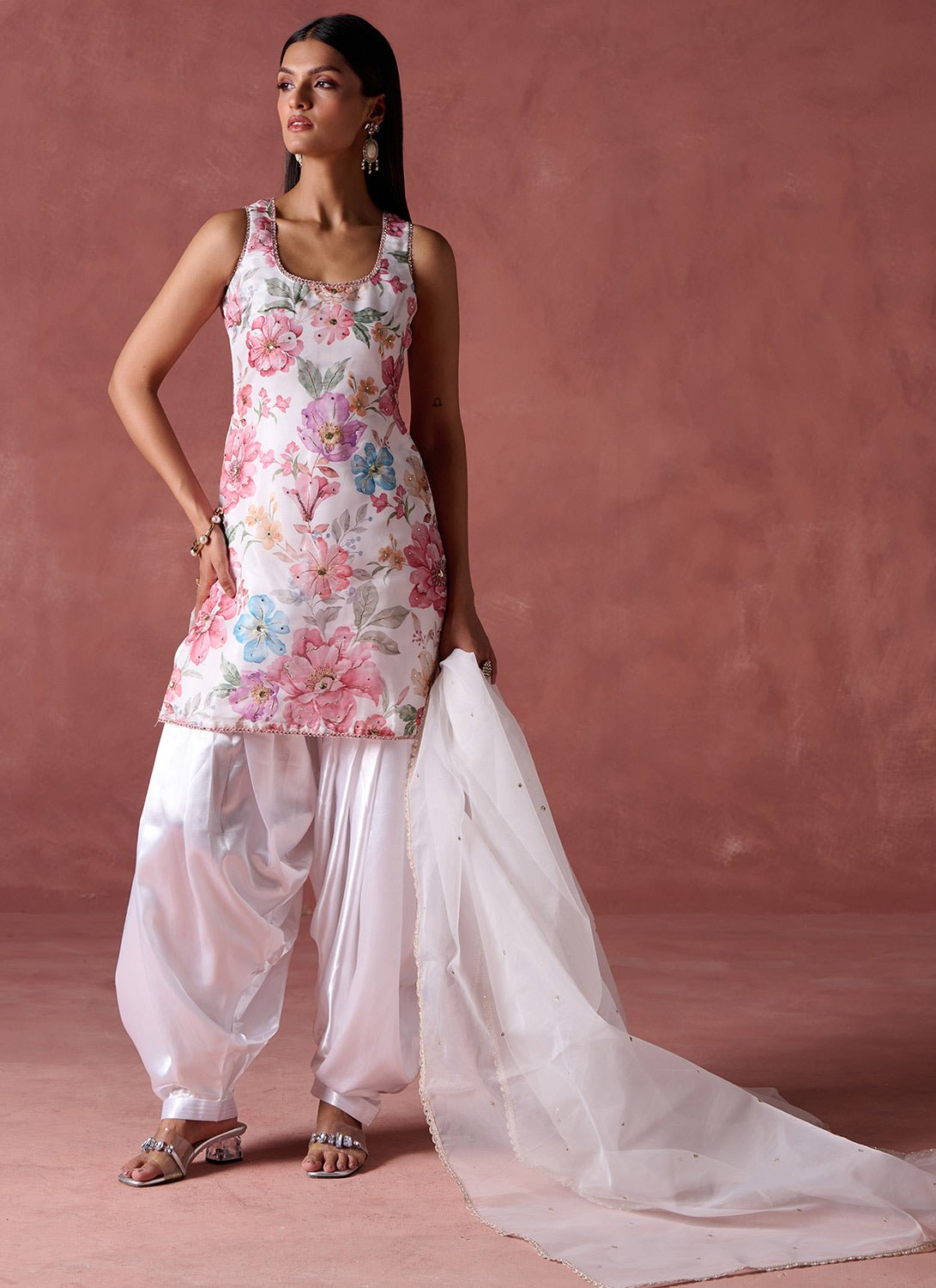 Off White Multicolor Floral Printed Punjabi Suit - Lashkaraa