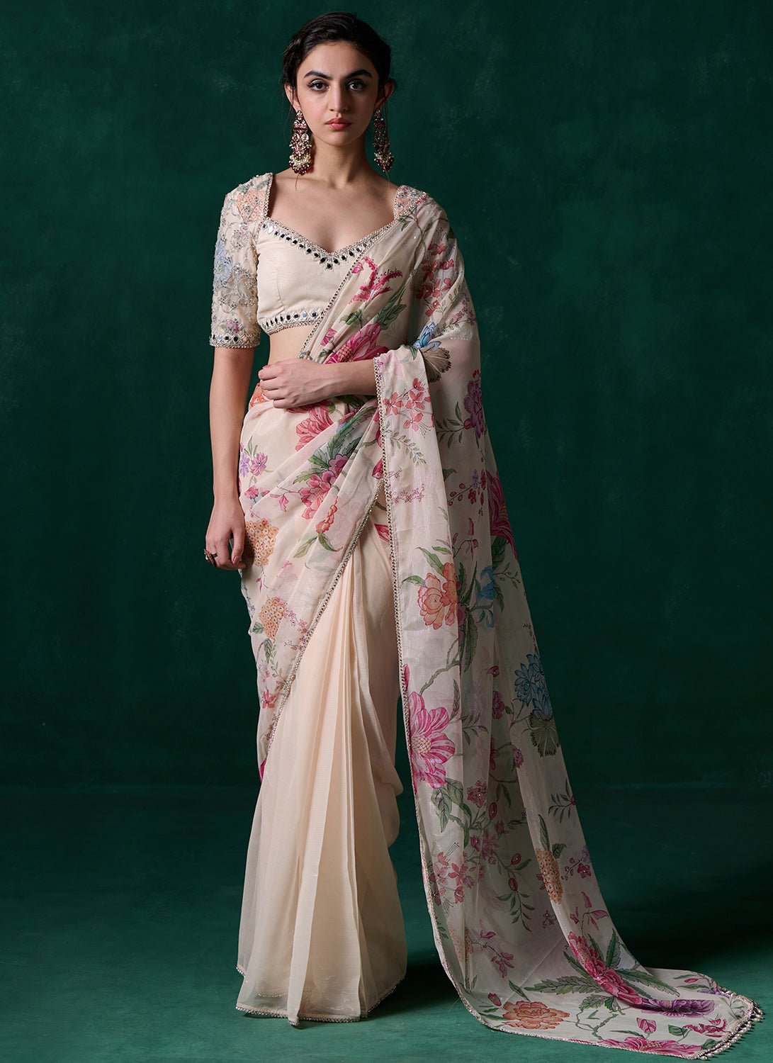 Off White Multicolor Floral Printed Saree - Lashkaraa