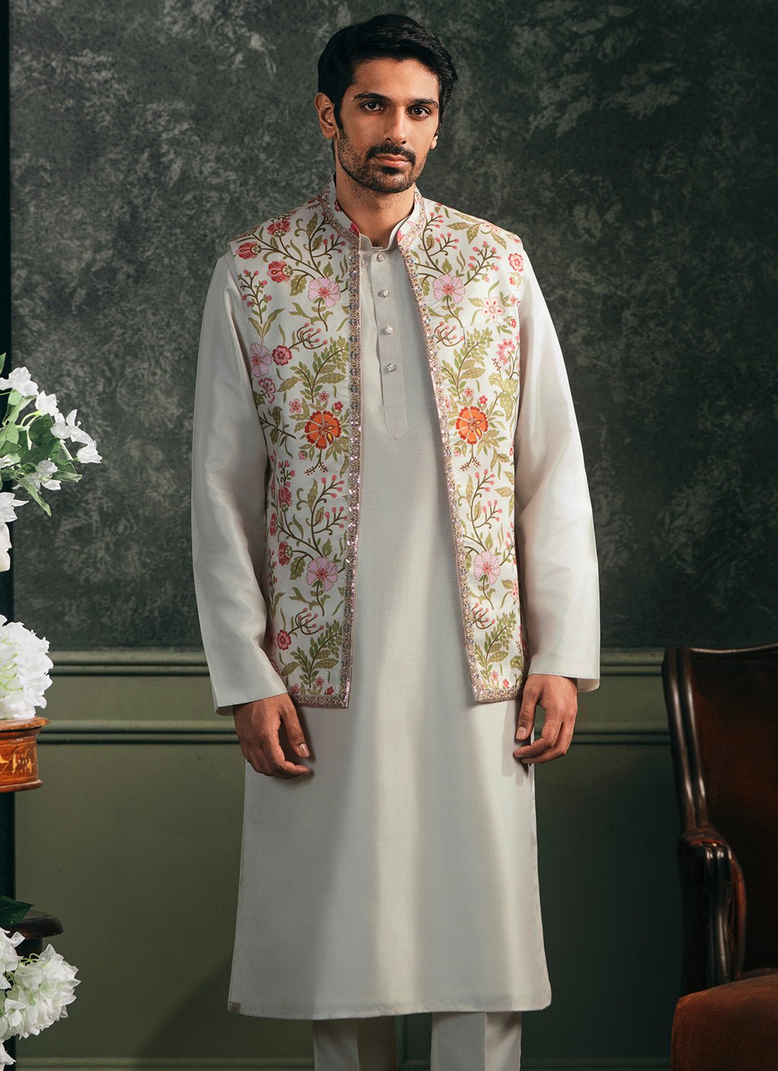 Off White Multicolor Printed Nehru Jacket Set - Lashkaraa