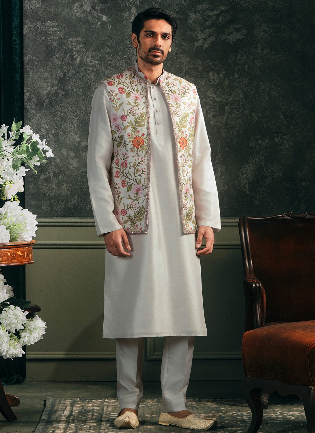Off White Multicolor Printed Nehru Jacket Set - Lashkaraa