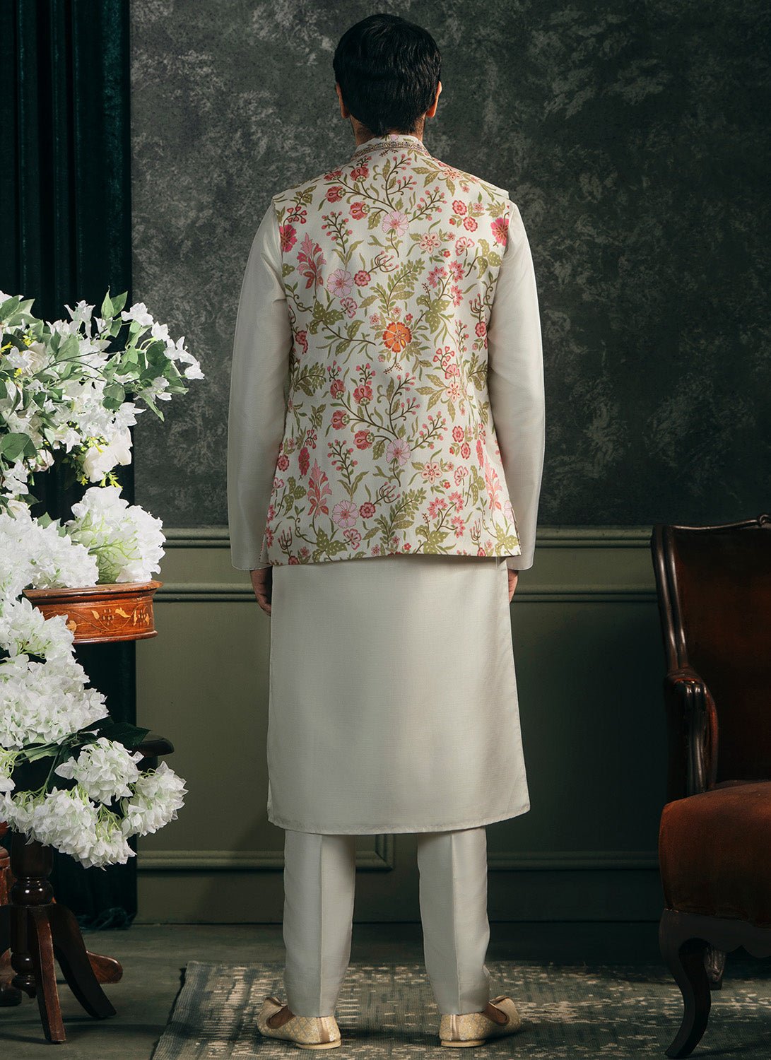 Off White Multicolor Printed Nehru Jacket Set - Lashkaraa