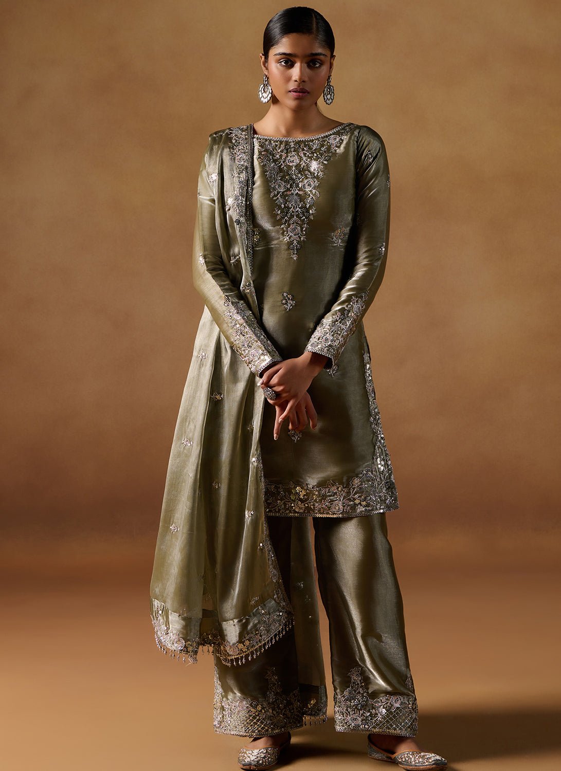 Olive Embroidered Tissue Straight Suit - Lashkaraa