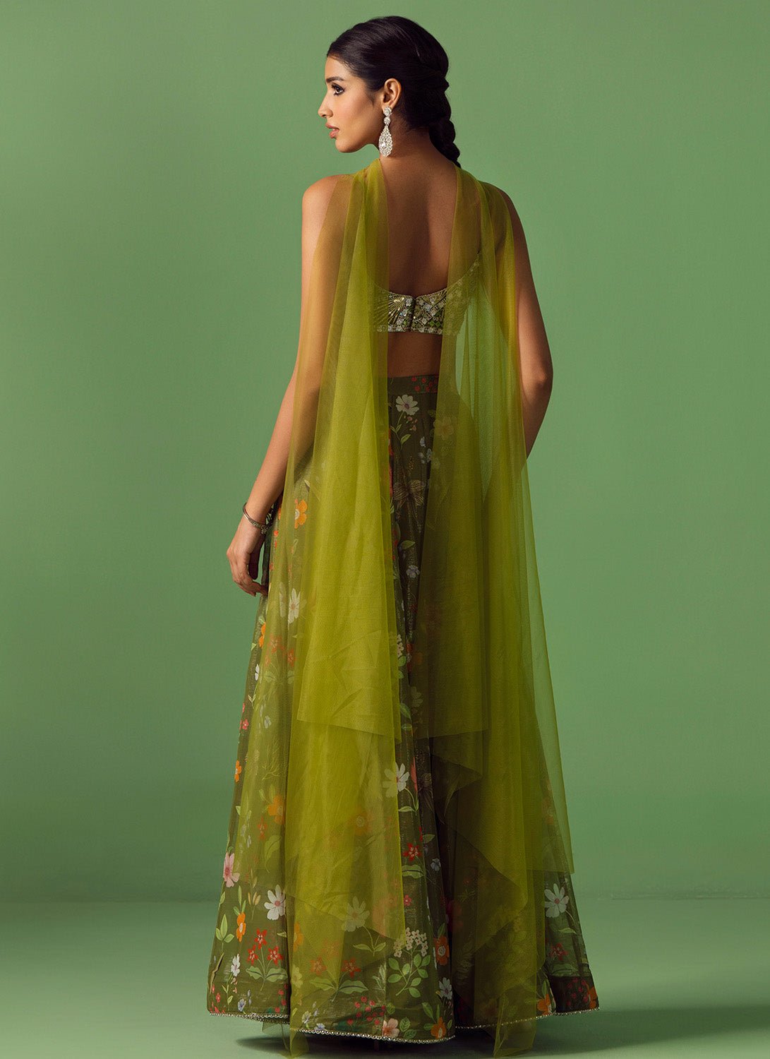 Olive Floral Printed Chiffon Pant Set - Lashkaraa