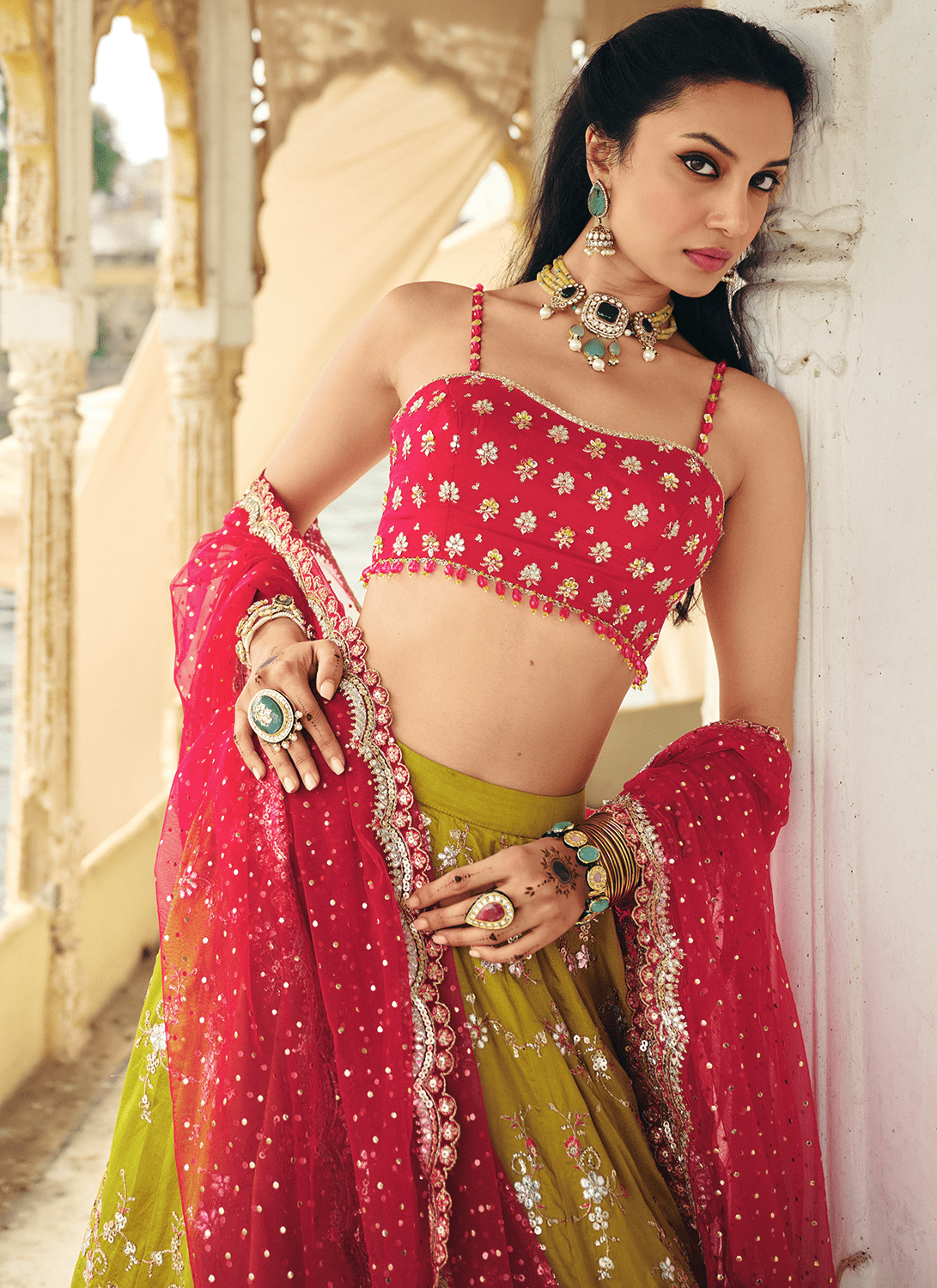 Olive Green and Hot Pink Embroidered Silk Lehenga - Lashkaraa