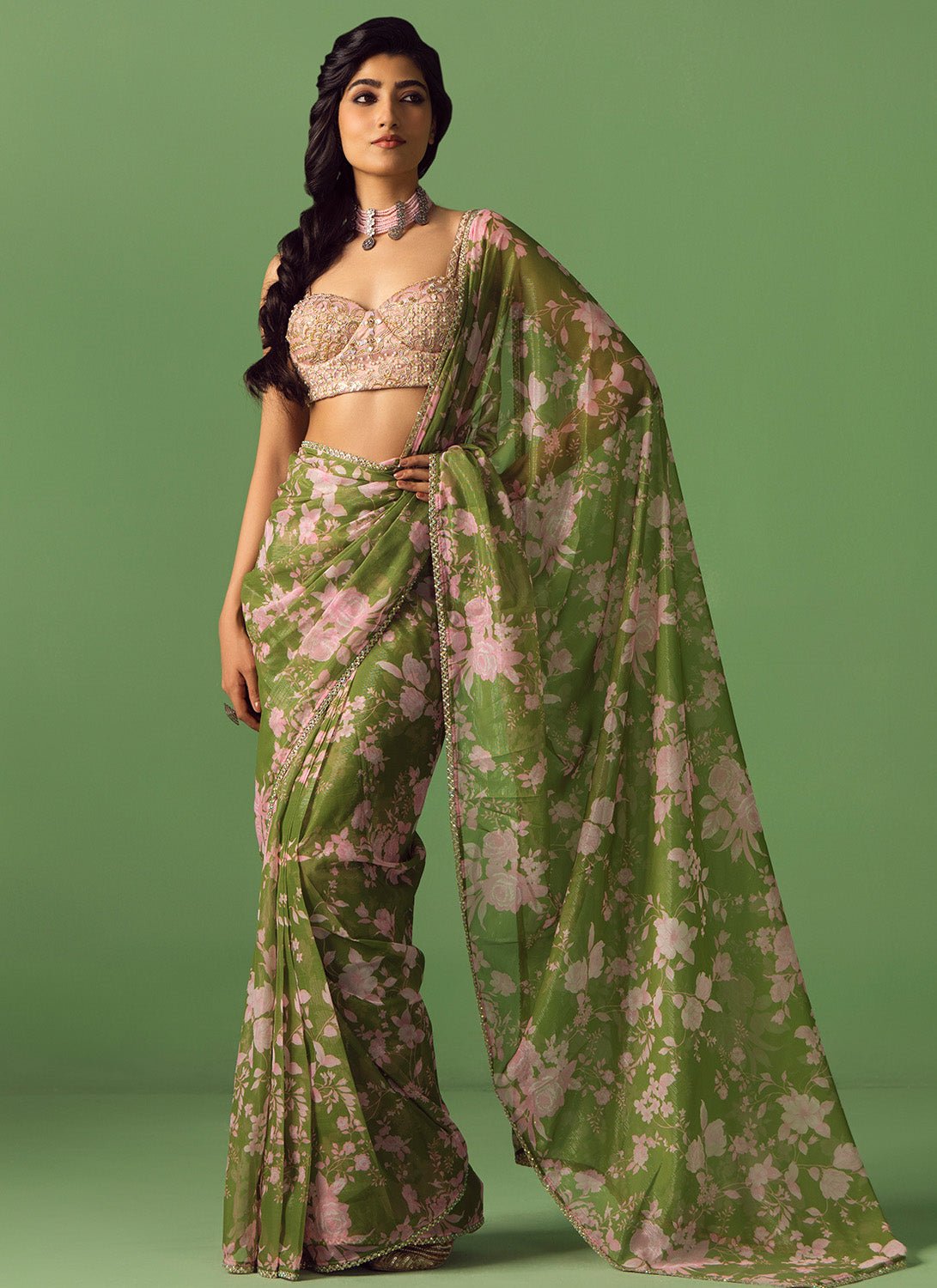 Olive Green and Pink Printed Saree - Lashkaraa
