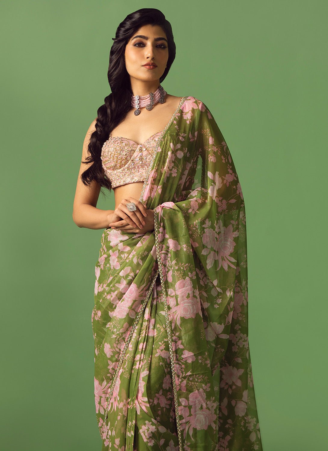 Olive Green and Pink Printed Saree - Lashkaraa