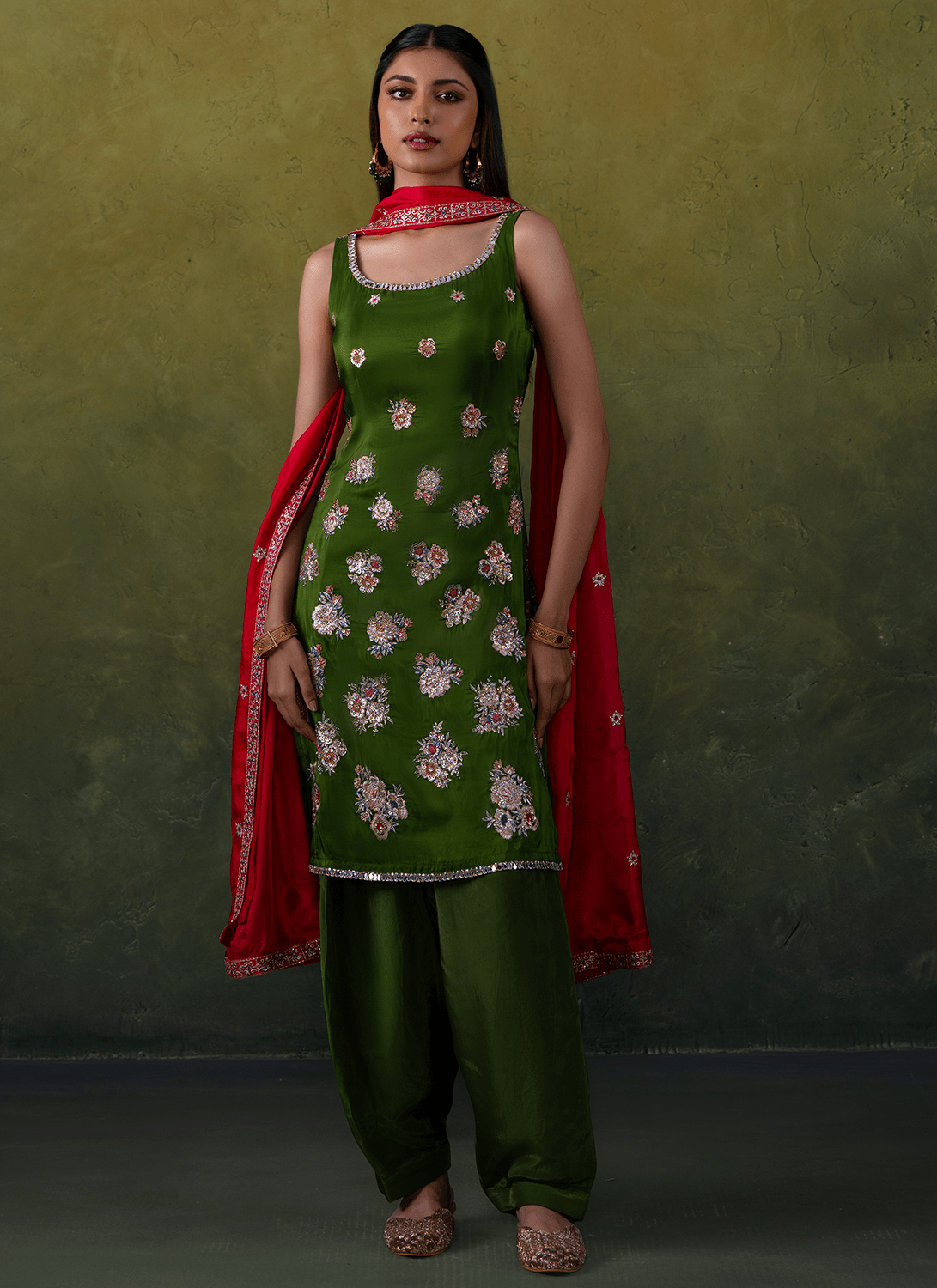Olive Green Embroidered Silk Punjabi Suit - Lashkaraa
