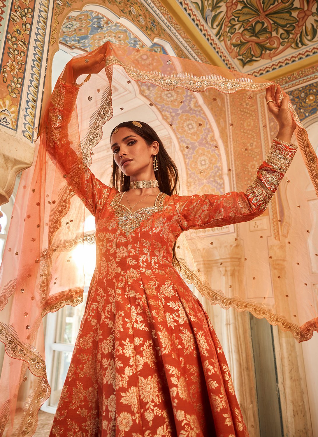 Orange Embroidered Brocade Anarkali