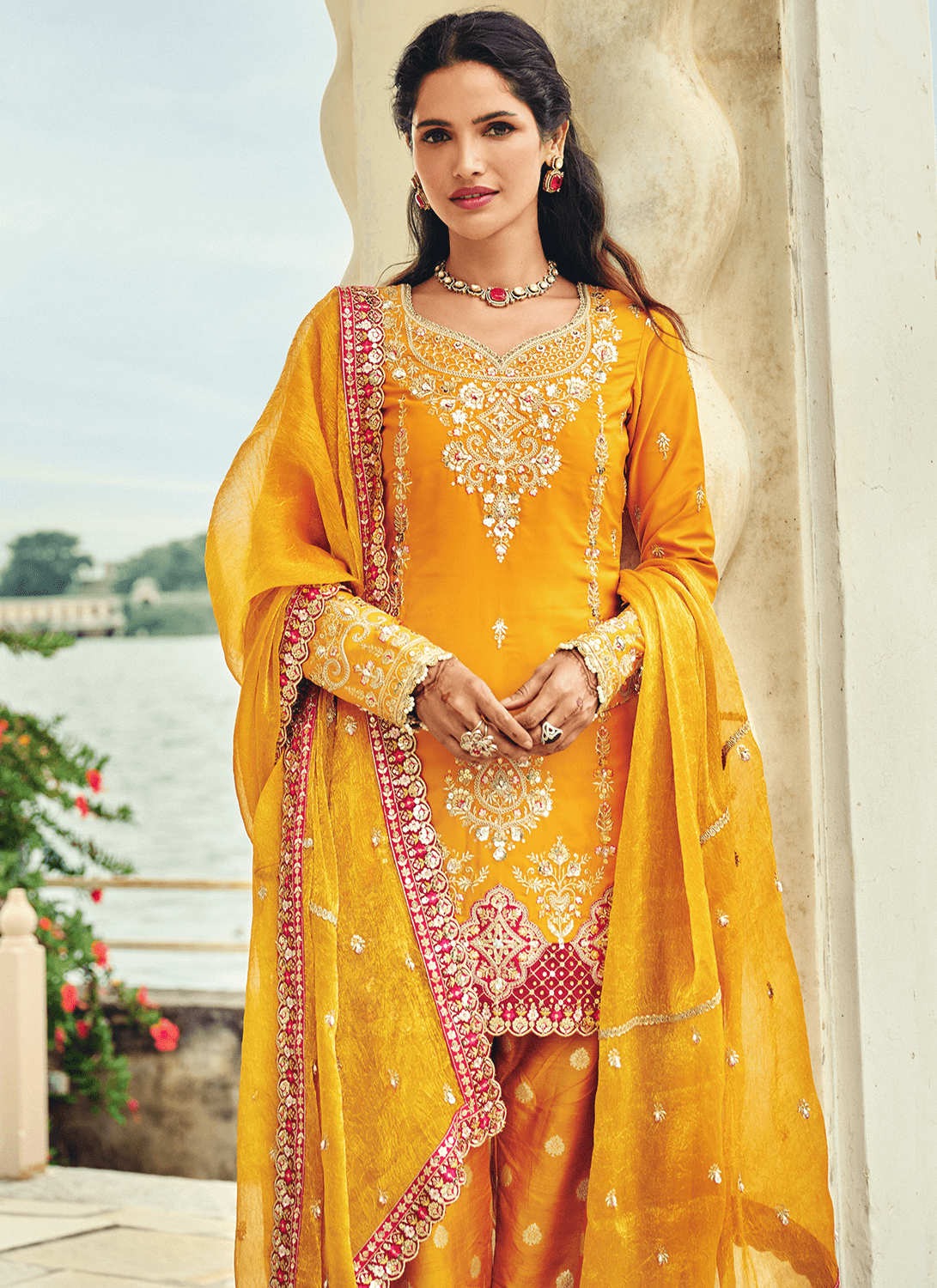 Orange Embroidered Crepe Punjabi Suit - Lashkaraa