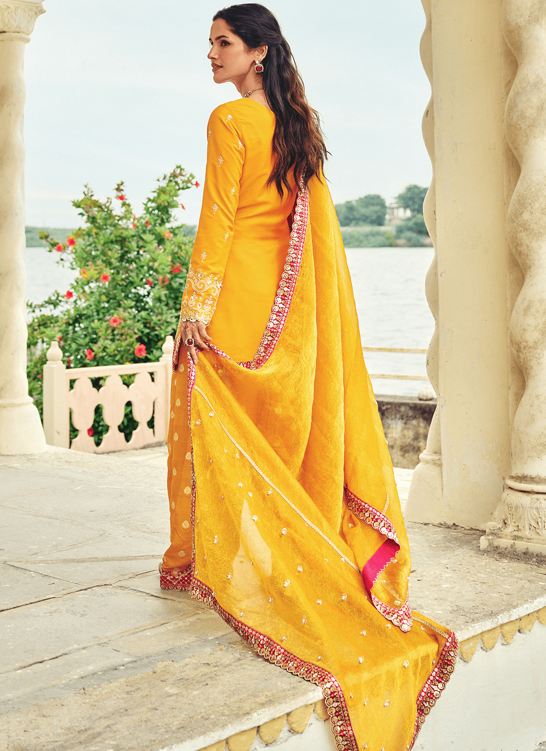 Orange Embroidered Crepe Punjabi Suit - Lashkaraa