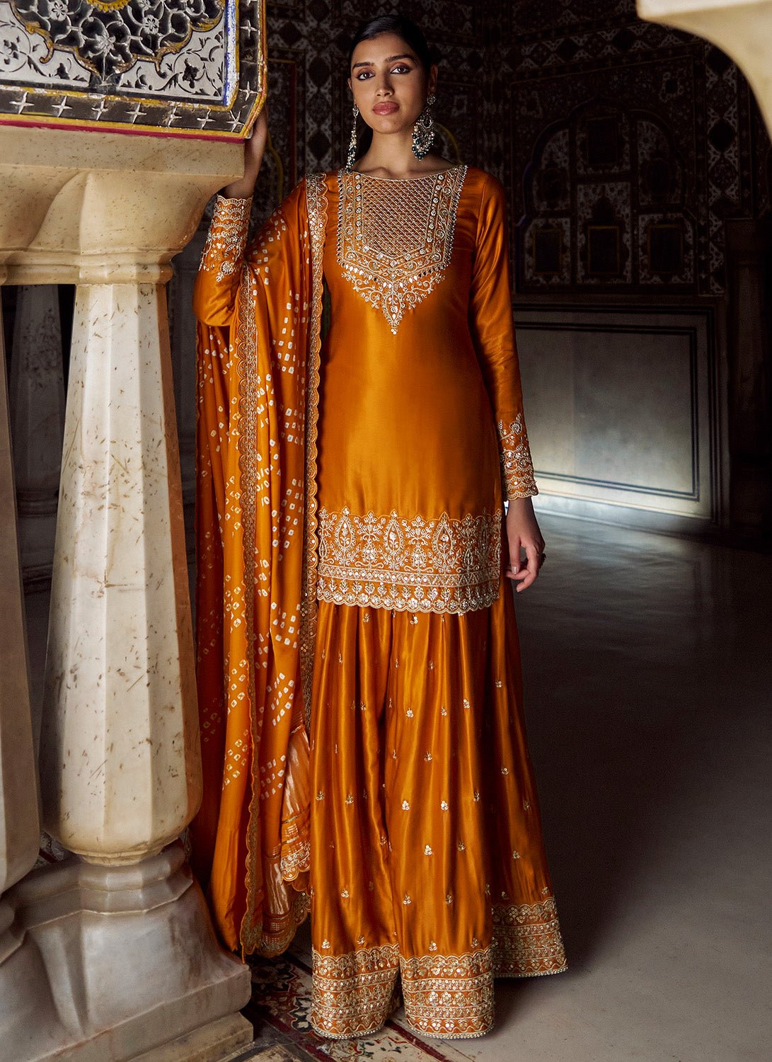 Orange Embroidered Pure Bandhani Sharara - Lashkaraa