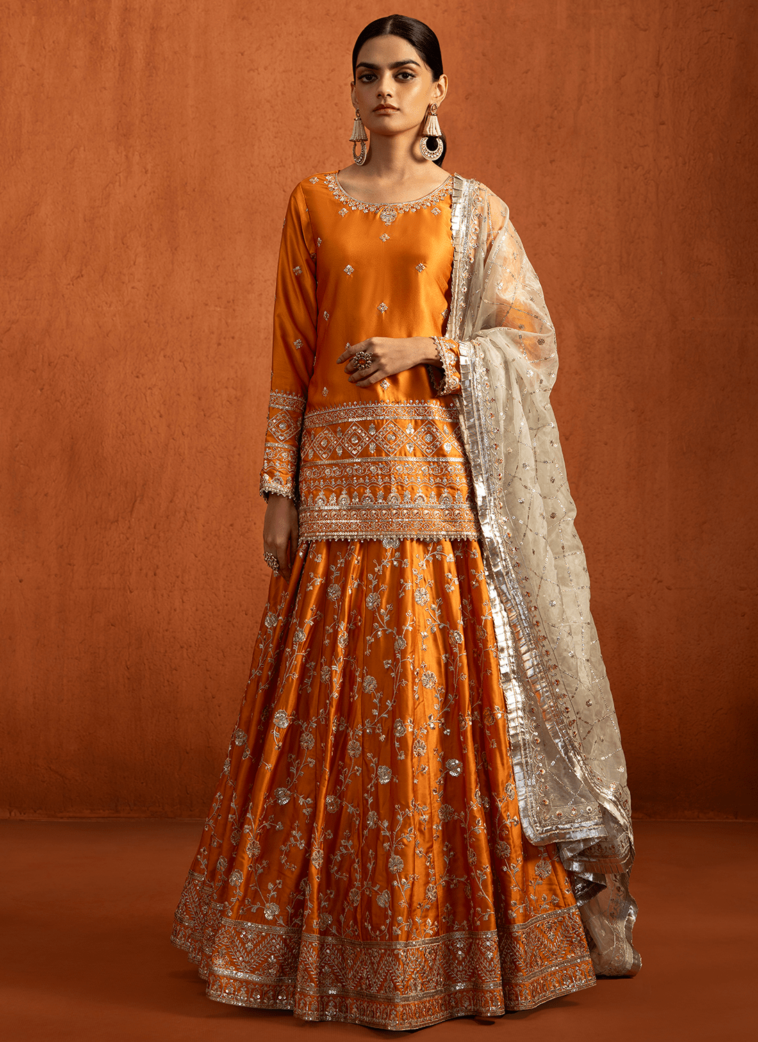 Orange Embroidered Silk Kurti Style Lehenga - Lashkaraa