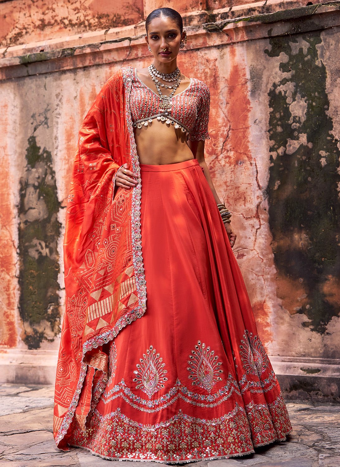 Orange Embroidered Viscose Silk Lehenga - Lashkaraa