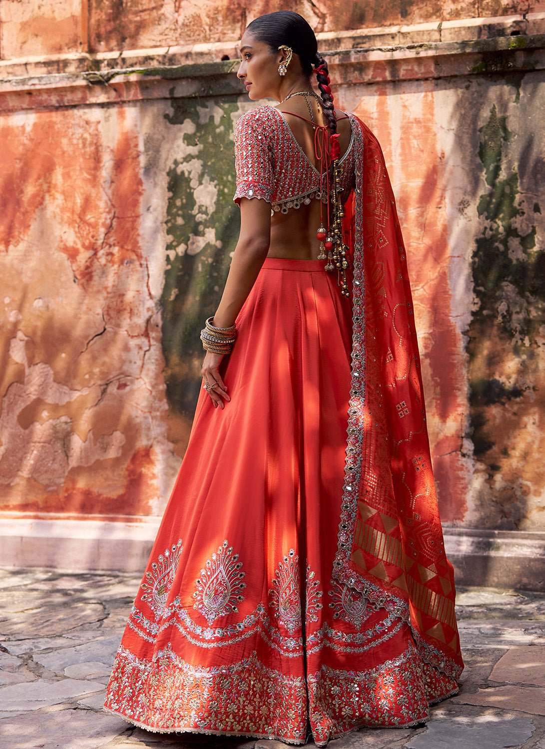 Orange Embroidered Viscose Silk Lehenga - Lashkaraa