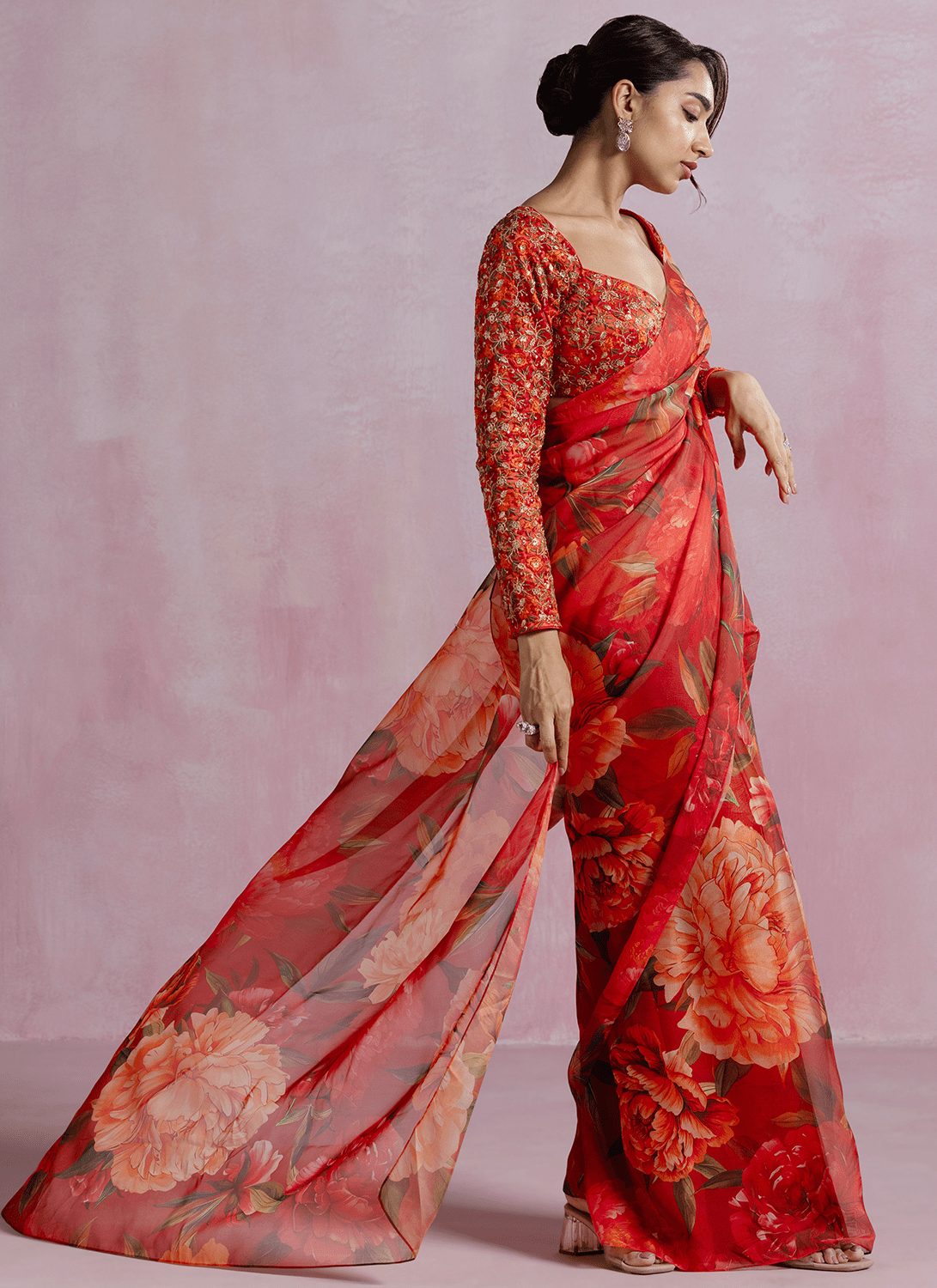Orange Floral Printed Organza Saree - Lashkaraa