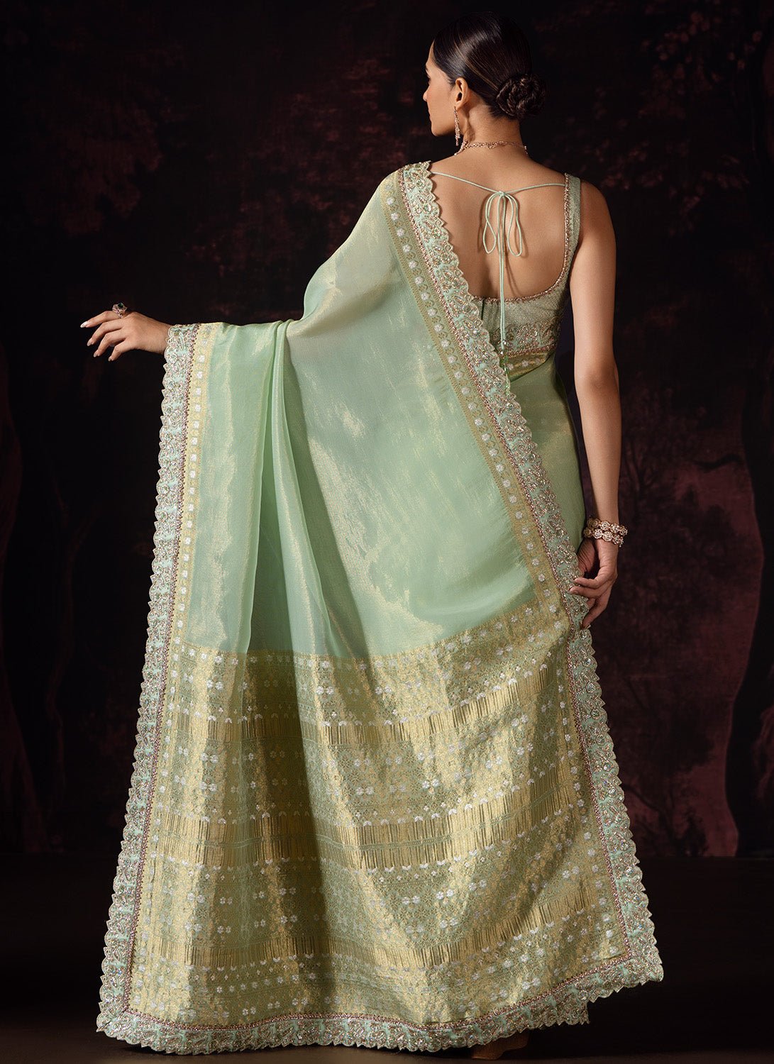 Pastel Green Embroidered Tissue Saree - Lashkaraa