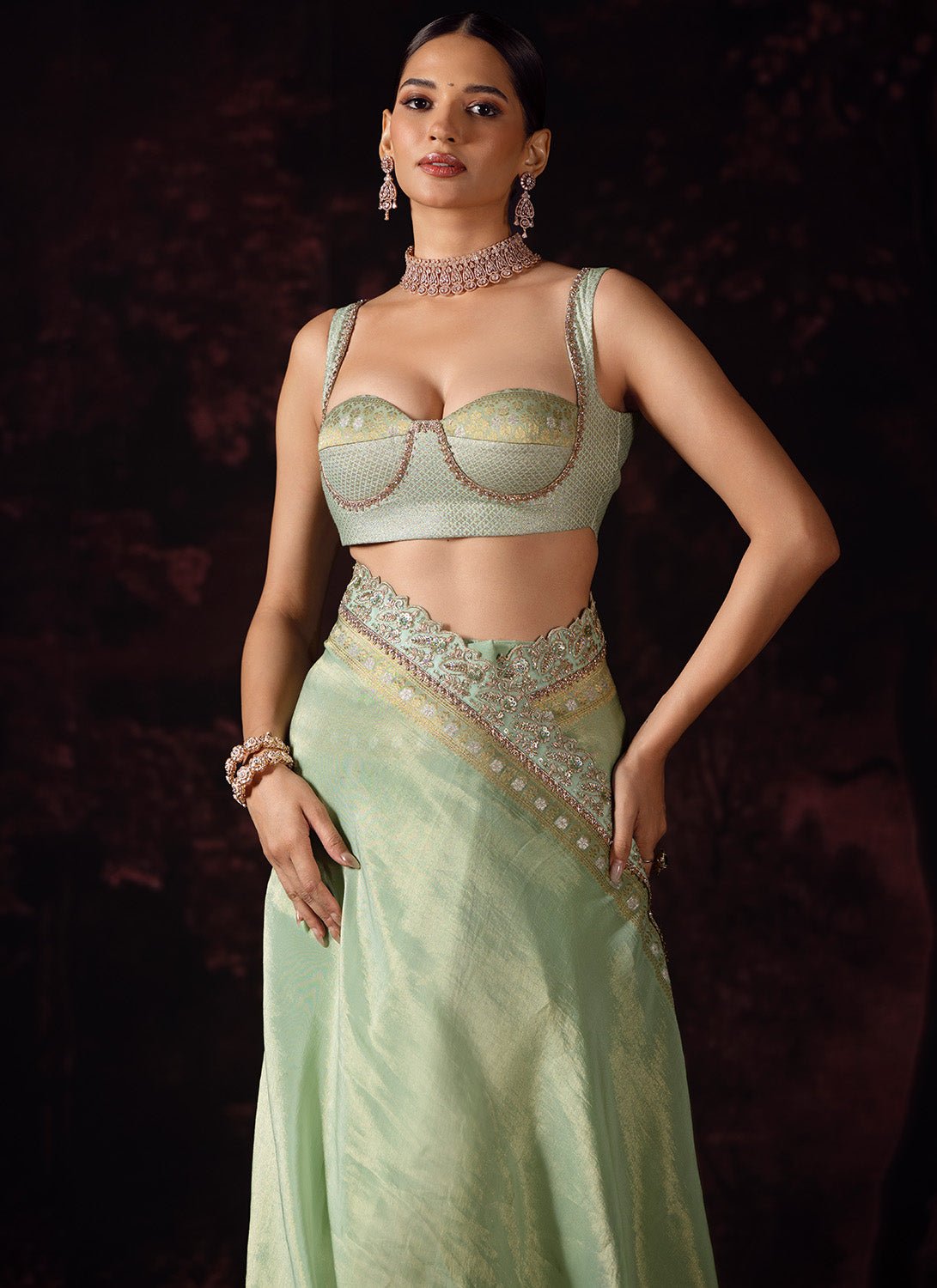 Pastel Green Embroidered Tissue Saree - Lashkaraa