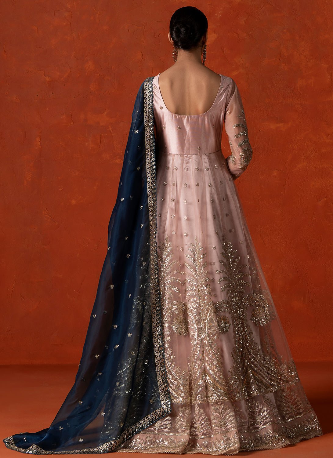 Peach and Blue Embroidered Anarkali - Lashkaraa
