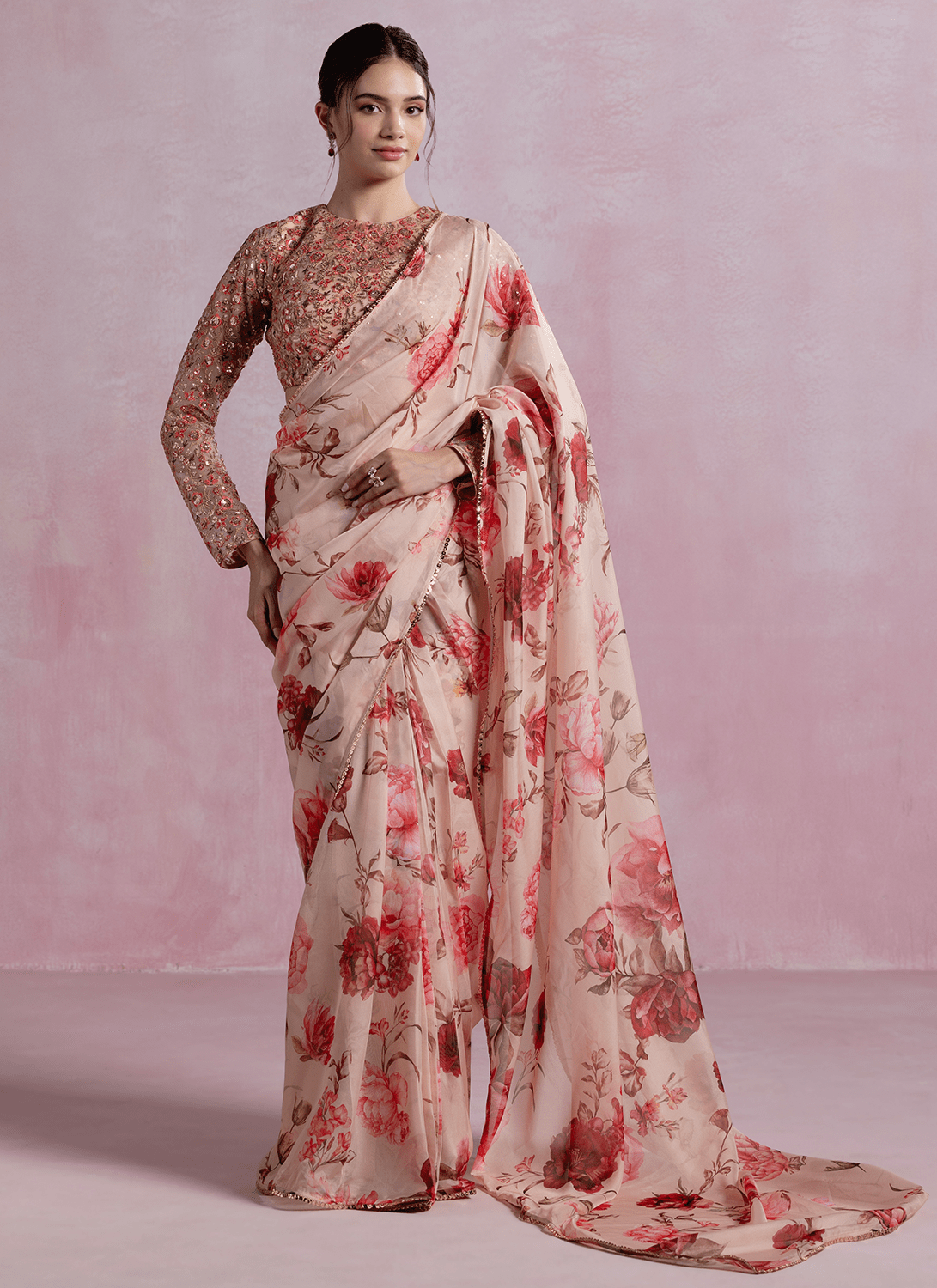 Peach and Brown Floral Printed Organza Saree - Lashkaraa