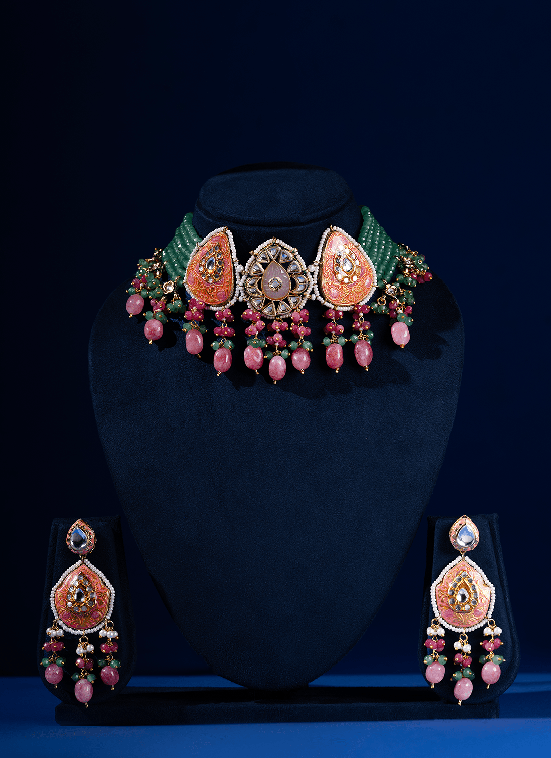 Peach and Mint Green Meenakari Choker Set - Lashkaraa