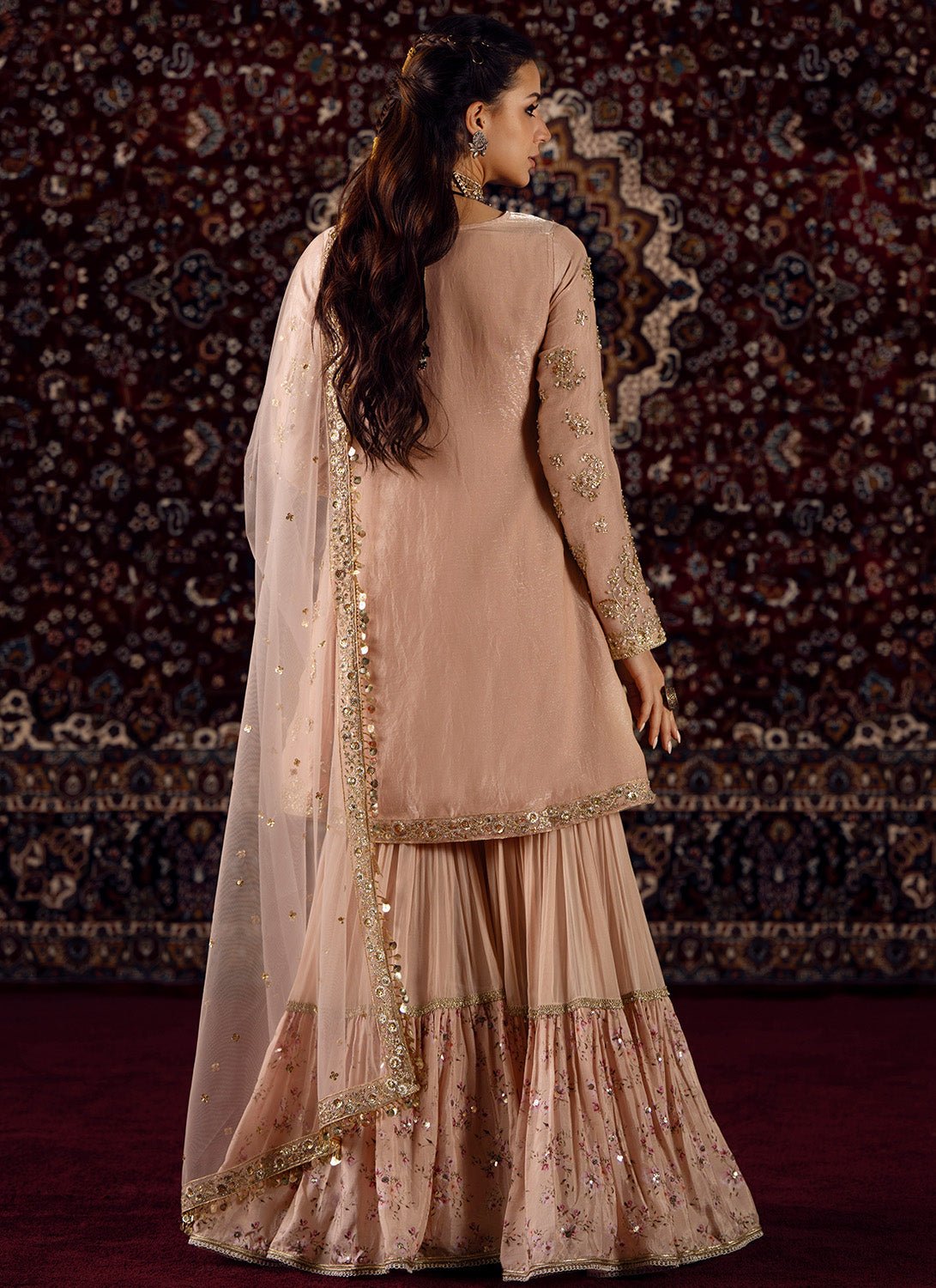 Peach Embroidered Satin Sharara Suit - Lashkaraa