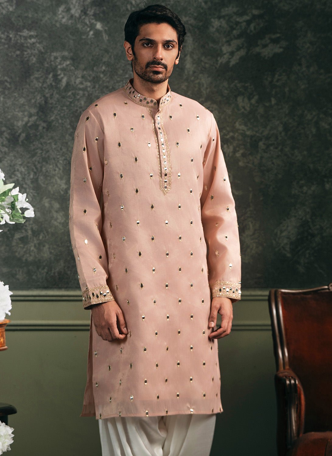 Peach Embroidered Silk Kurta Set - Lashkaraa
