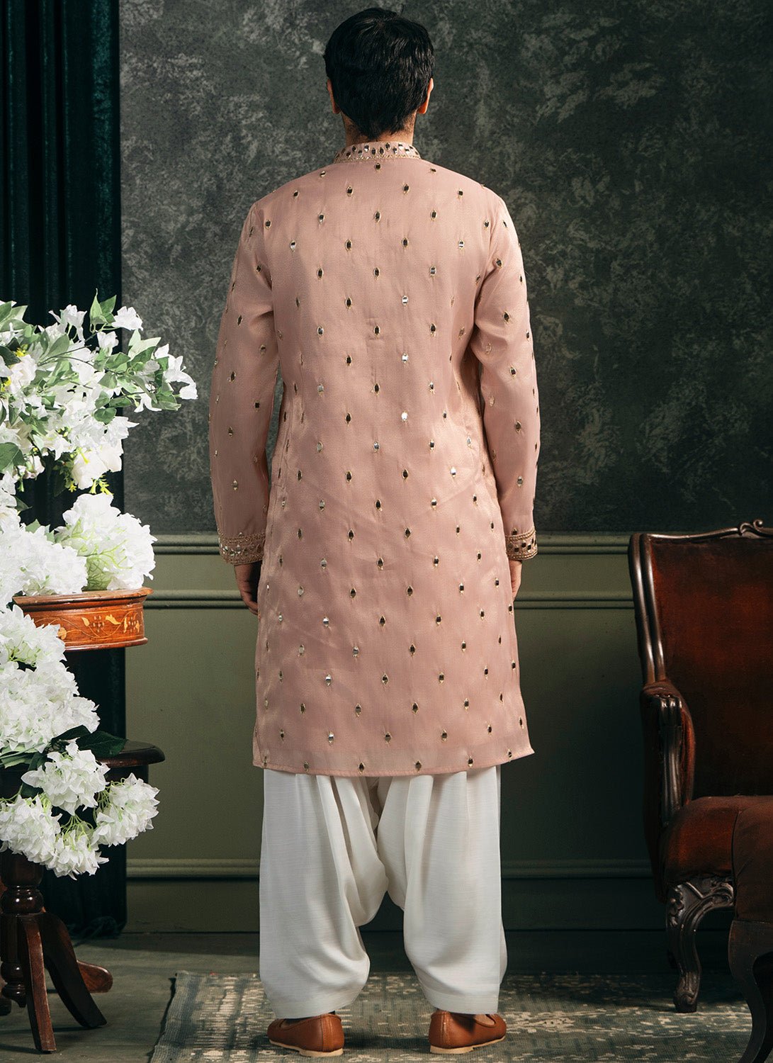 Peach Embroidered Silk Kurta Set - Lashkaraa
