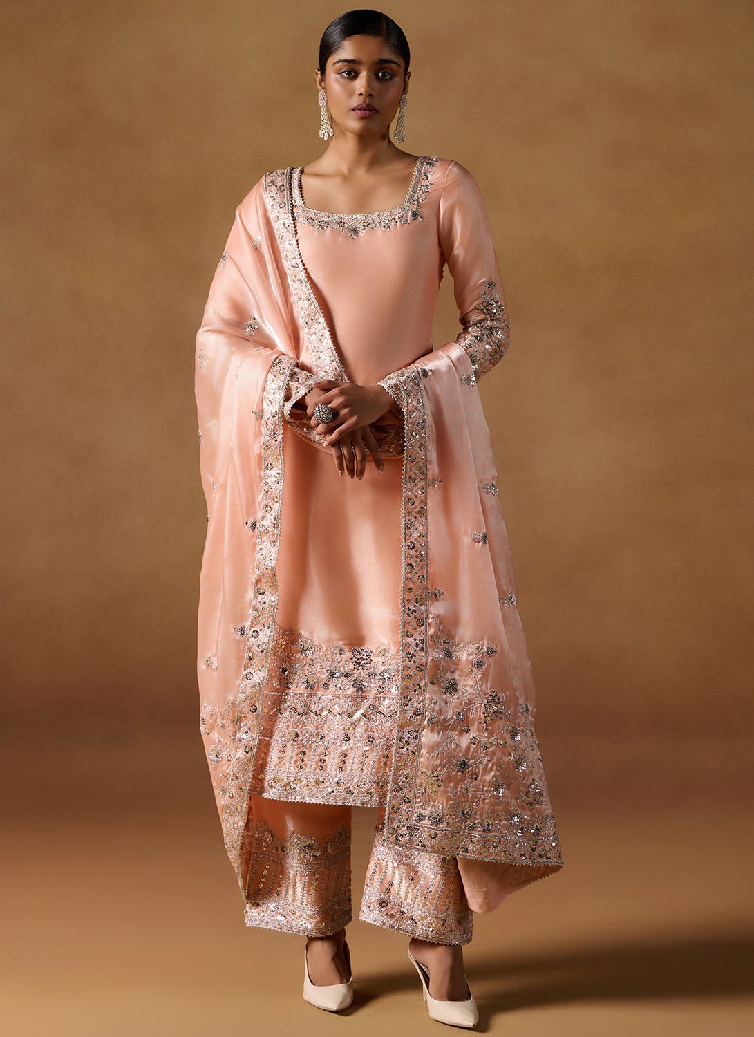Peach Embroidered Tissue Palazzo Suit - Lashkaraa