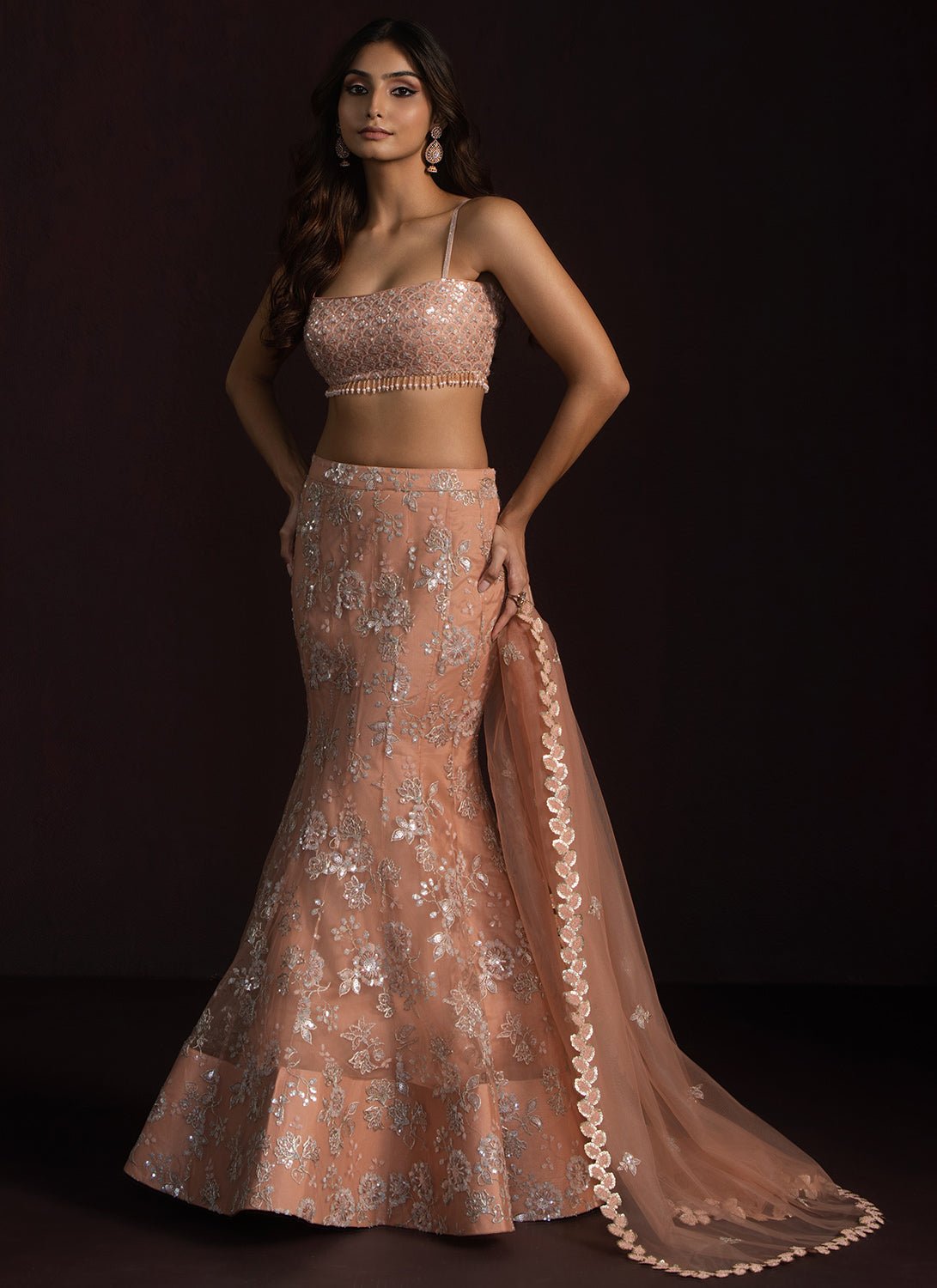 Peach Fishcut Embroidered Net Lehenga - Lashkaraa