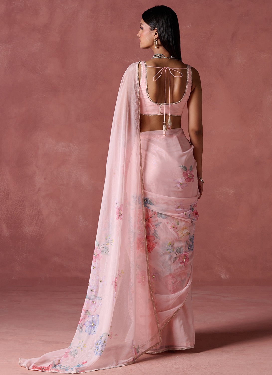 Peach Floral Printed Chiffon Saree - Lashkaraa
