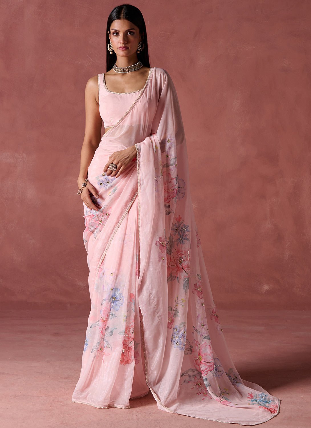 Peach Floral Printed Chiffon Saree - Lashkaraa