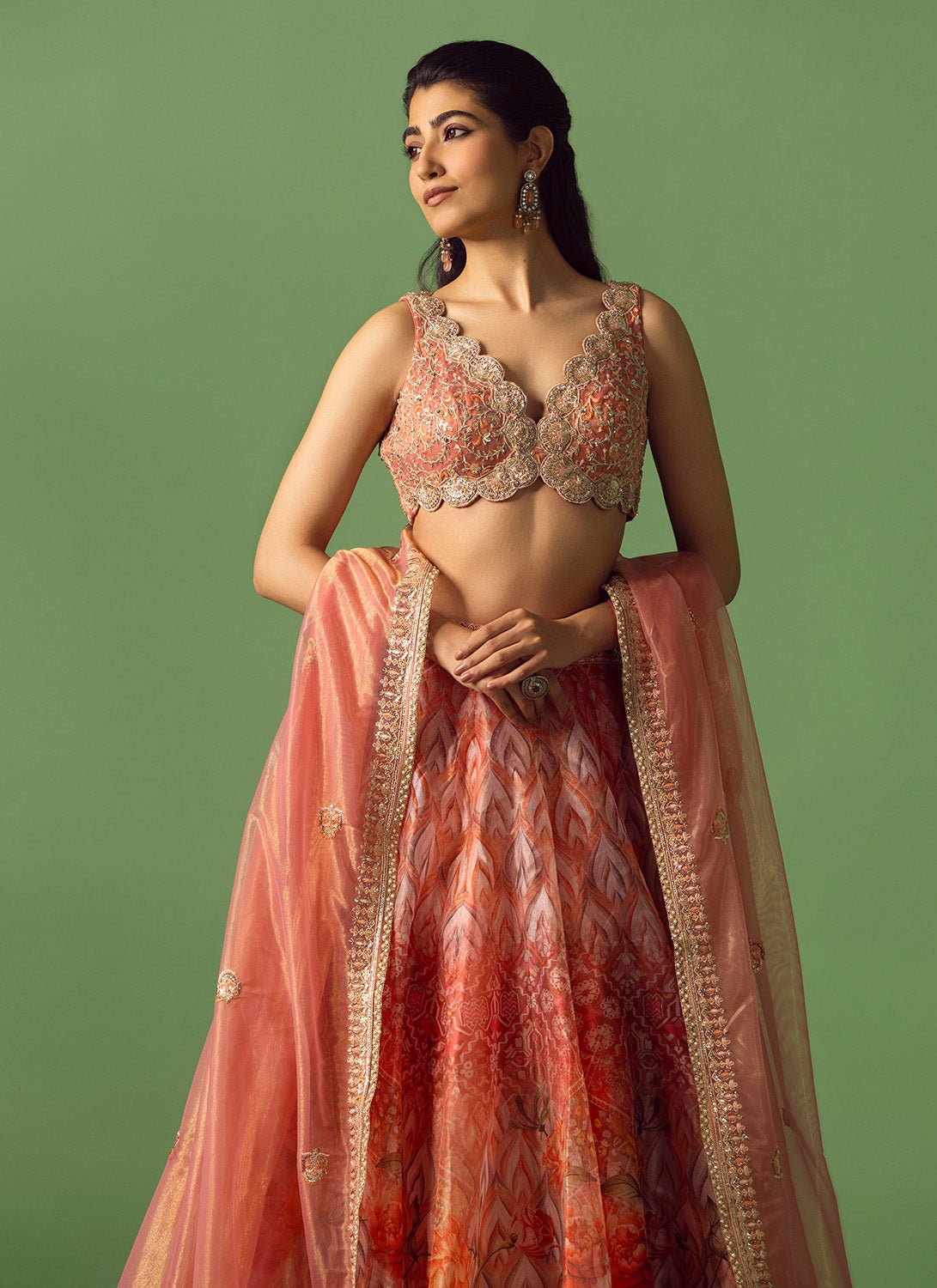 Peach Multicolor Floral Printed Organza Lehenga - Lashkaraa