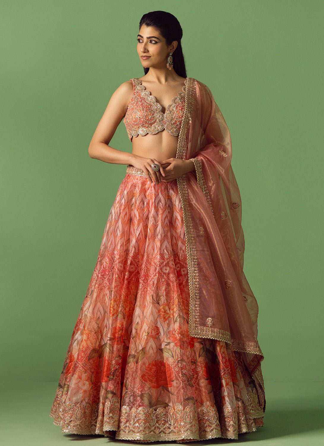 Peach Multicolor Floral Printed Organza Lehenga - Lashkaraa