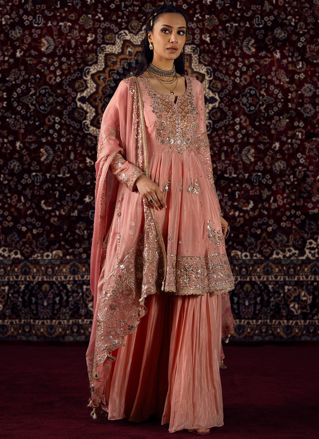Peachy Pink Embroidered Viscose Chinon Sharara - Lashkaraa