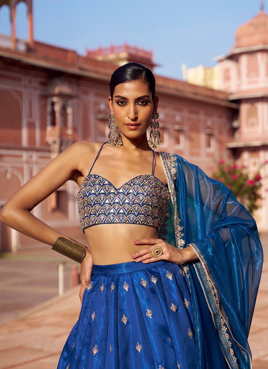 Peacock Blue Embroidered Satin Silk Lehenga - Lashkaraa