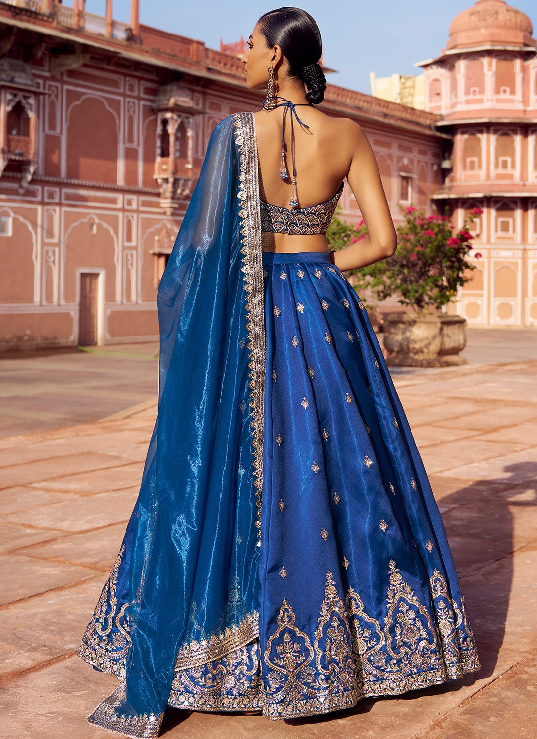 Peacock Blue Embroidered Satin Silk Lehenga - Lashkaraa