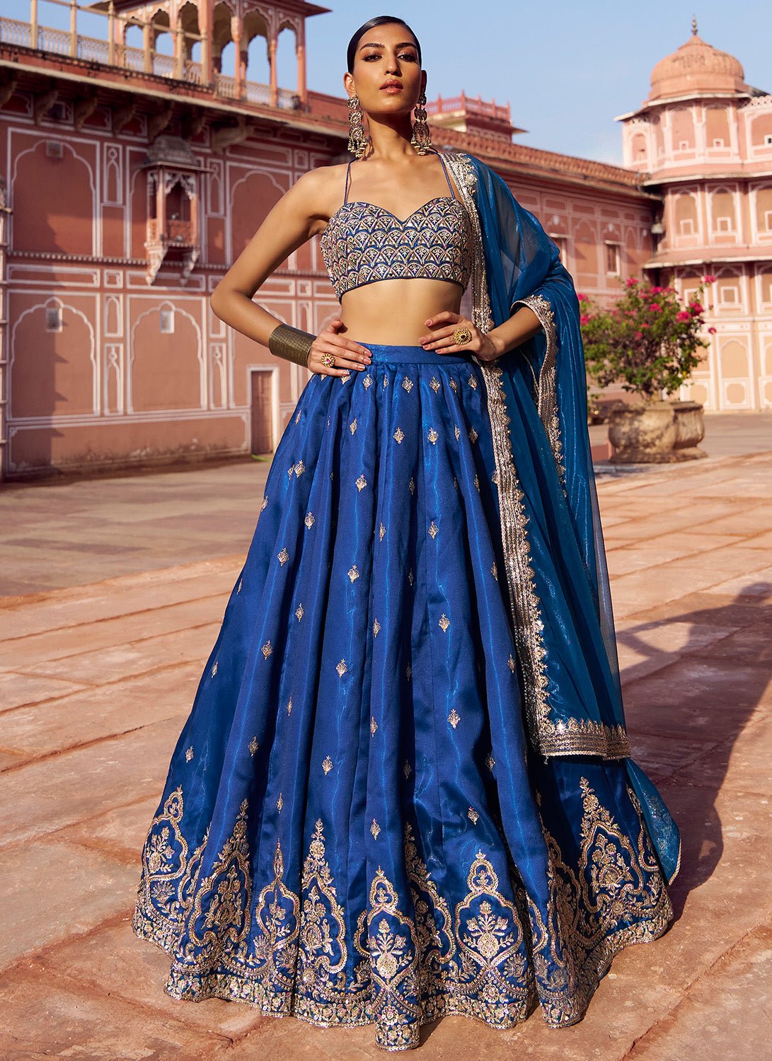 Peacock Blue Embroidered Satin Silk Lehenga - Lashkaraa