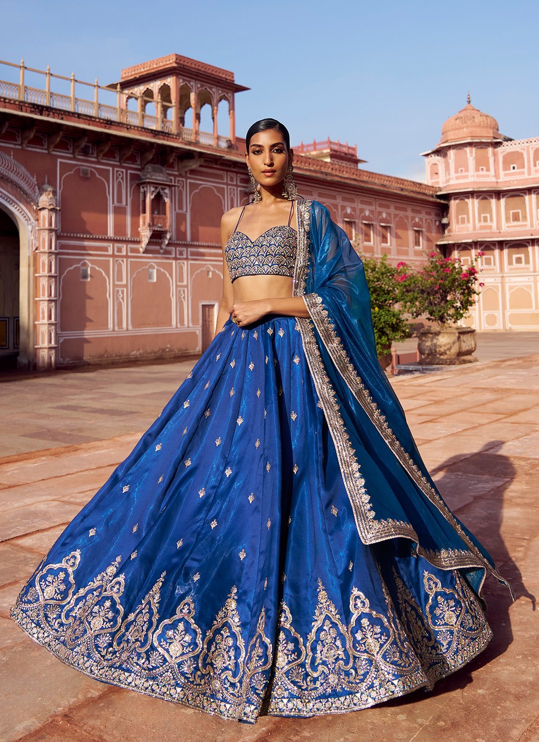 Peacock Blue Embroidered Satin Silk Lehenga - Lashkaraa